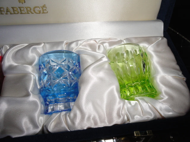 Fabergé Crystal Multicolored Shot Glasses NIB — Black, Red, Blue & Green Set of 4