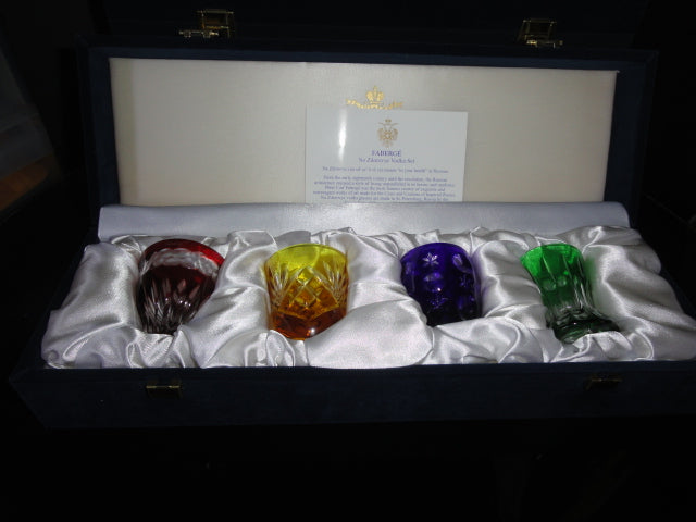 Fabergé Crystal Colored Cut-to-Clear Shot Glasses NIB — Red, Amber, Purple & Green Set of 4 (II)