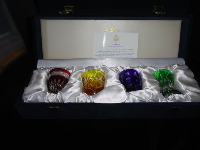 Fabergé Crystal Colored Cut-to-Clear Shot Glasses NIB — Red, Amber, Purple & Green Set of 4 (II)