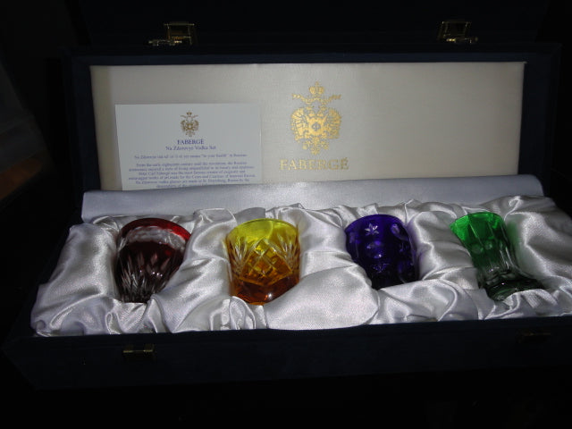 Faberge Crystal Colored Shot Glasses NIB