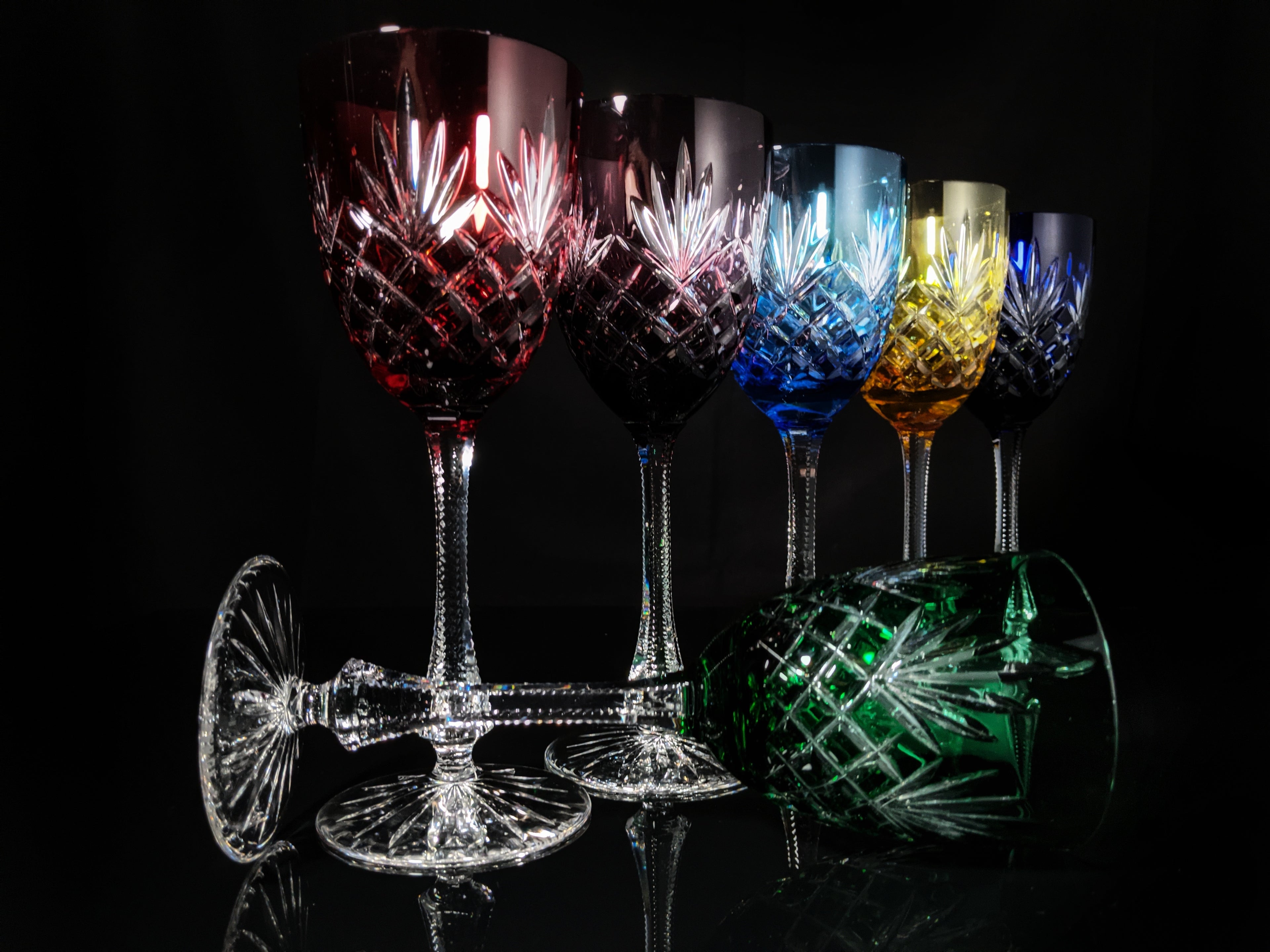 Faberge  Odessa  Crystal Colored Goblet  Glasses  set of 6 NIB