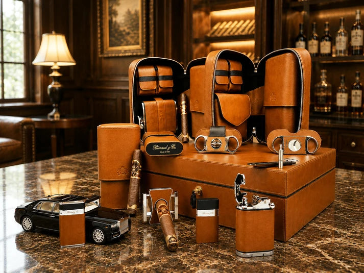 Brizard and Co. Whisky and Black Leather Complete Cigar Set, New in Box