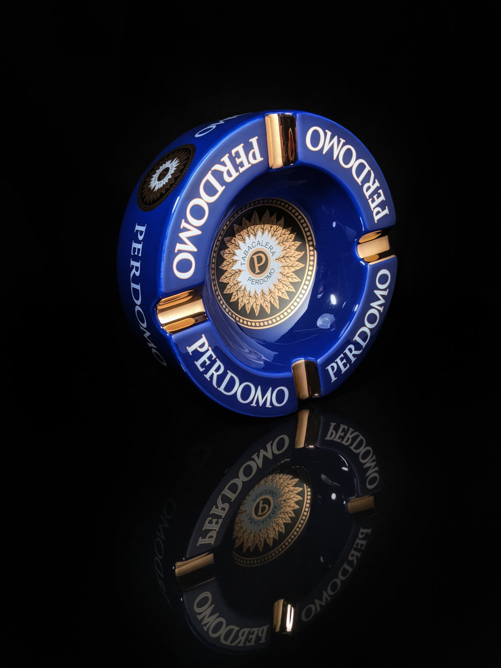 Perdomo Blue and Gold large ceramic ashtray 9" diameter NIB