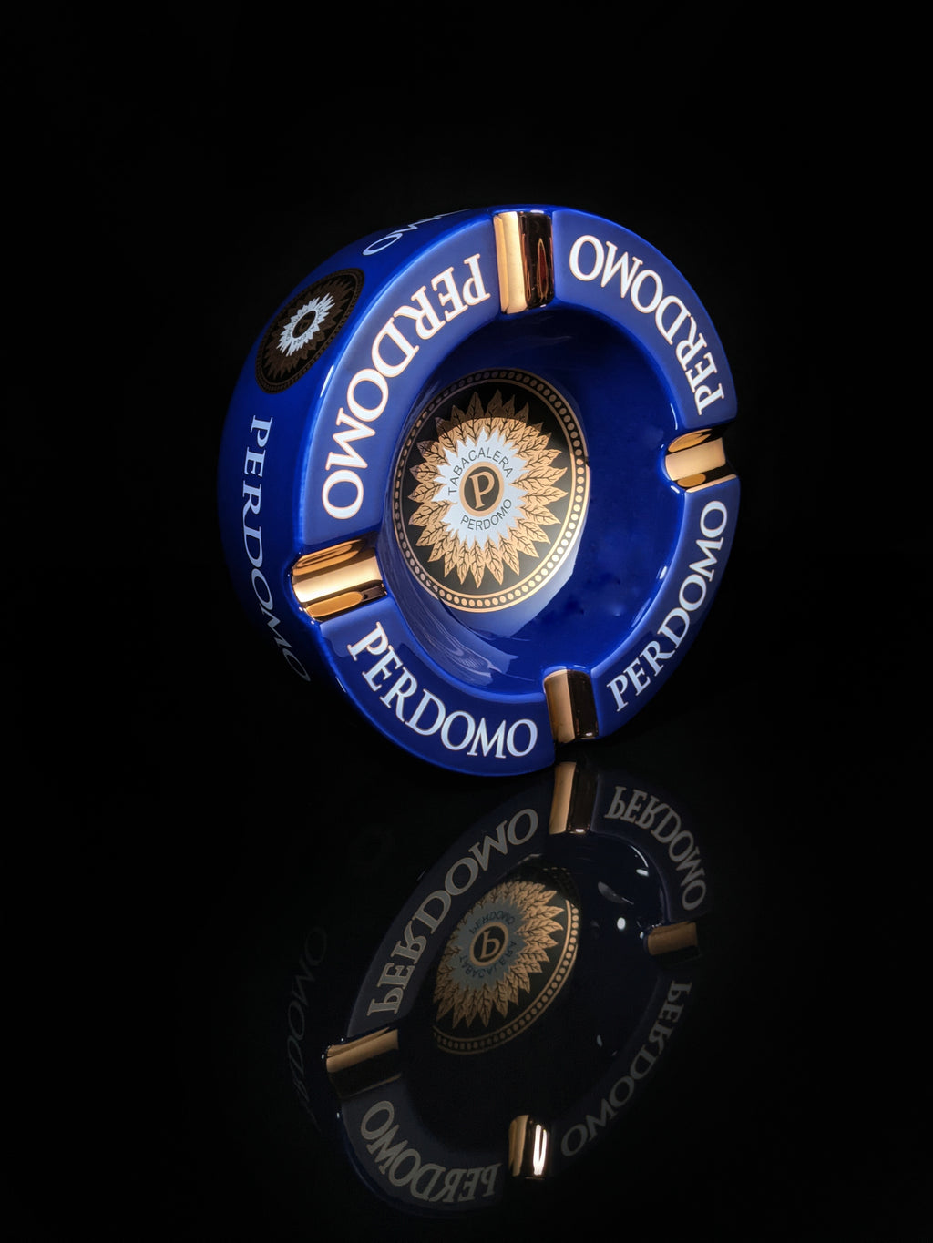 Perdomo Blue and Gold large ceramic ashtray 9" diameter NIB
