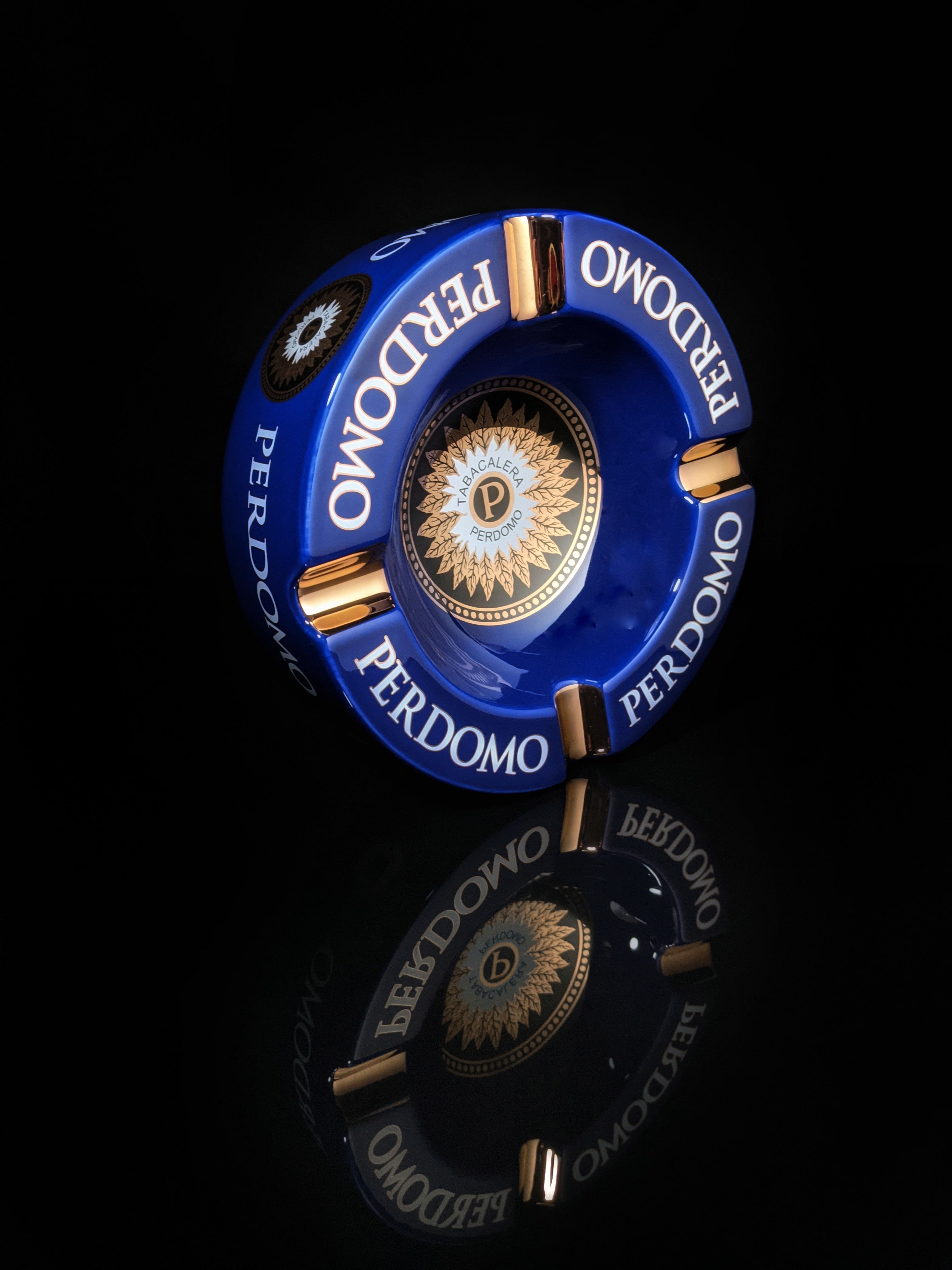 Perdomo Blue and Gold large ceramic ashtray 9" diameter NIB