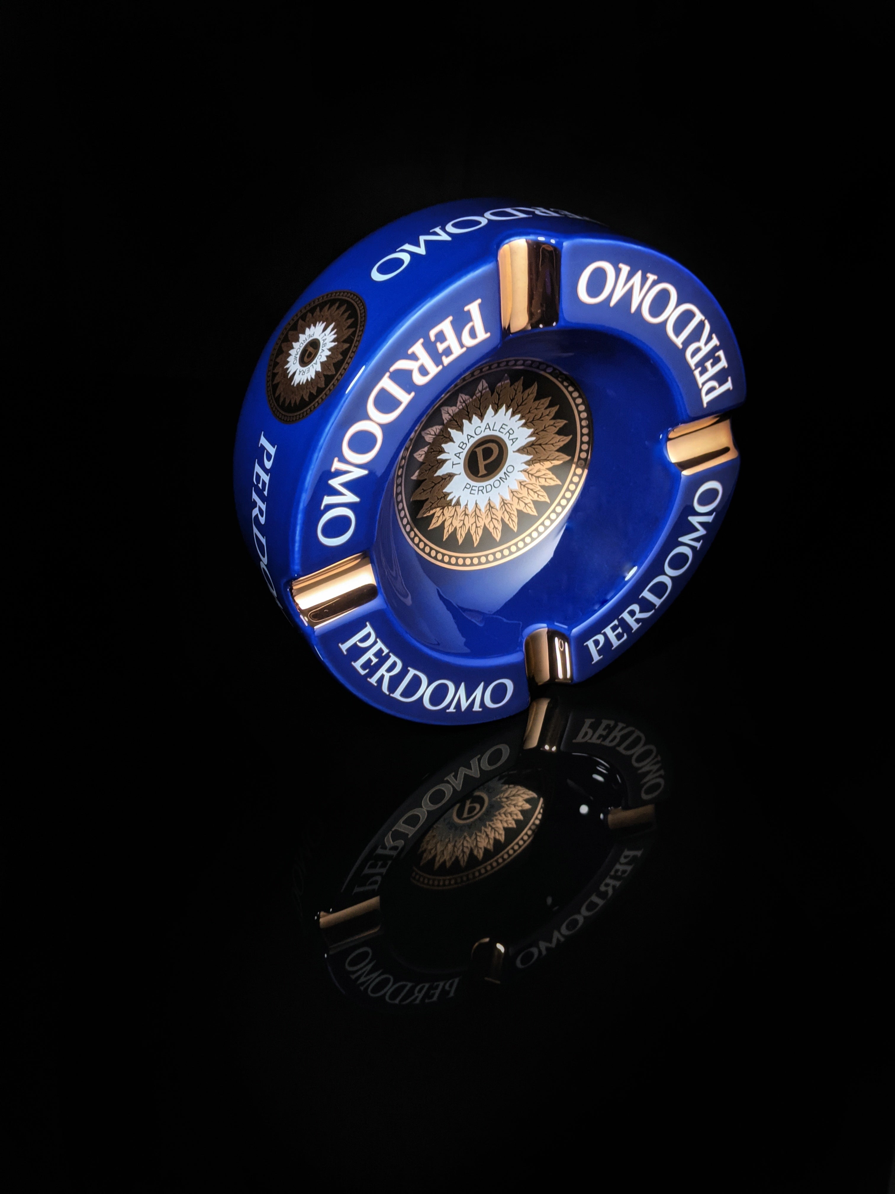 Perdomo Blue and Gold large ceramic ashtray 9" diameter NIB