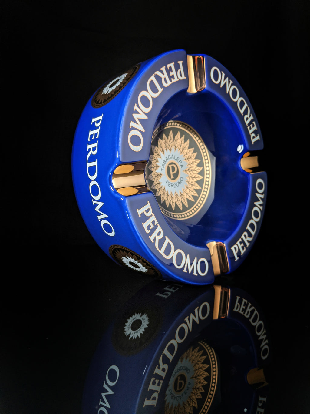 Perdomo Blue and Gold large ceramic ashtray 9" diameter NIB