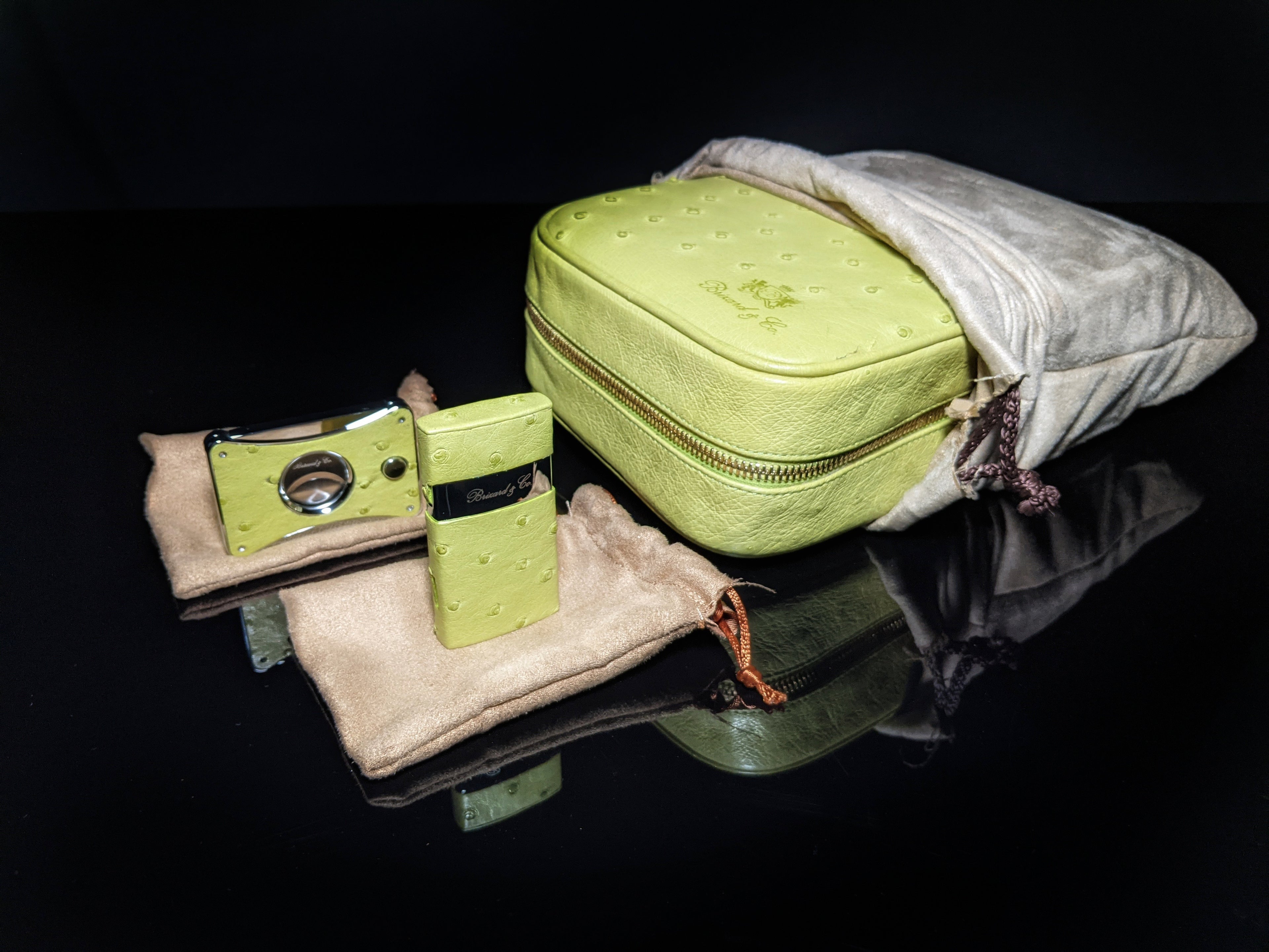 Brizard  Traveler in Genuine Ostrich Matcha Green with cutter and lighter