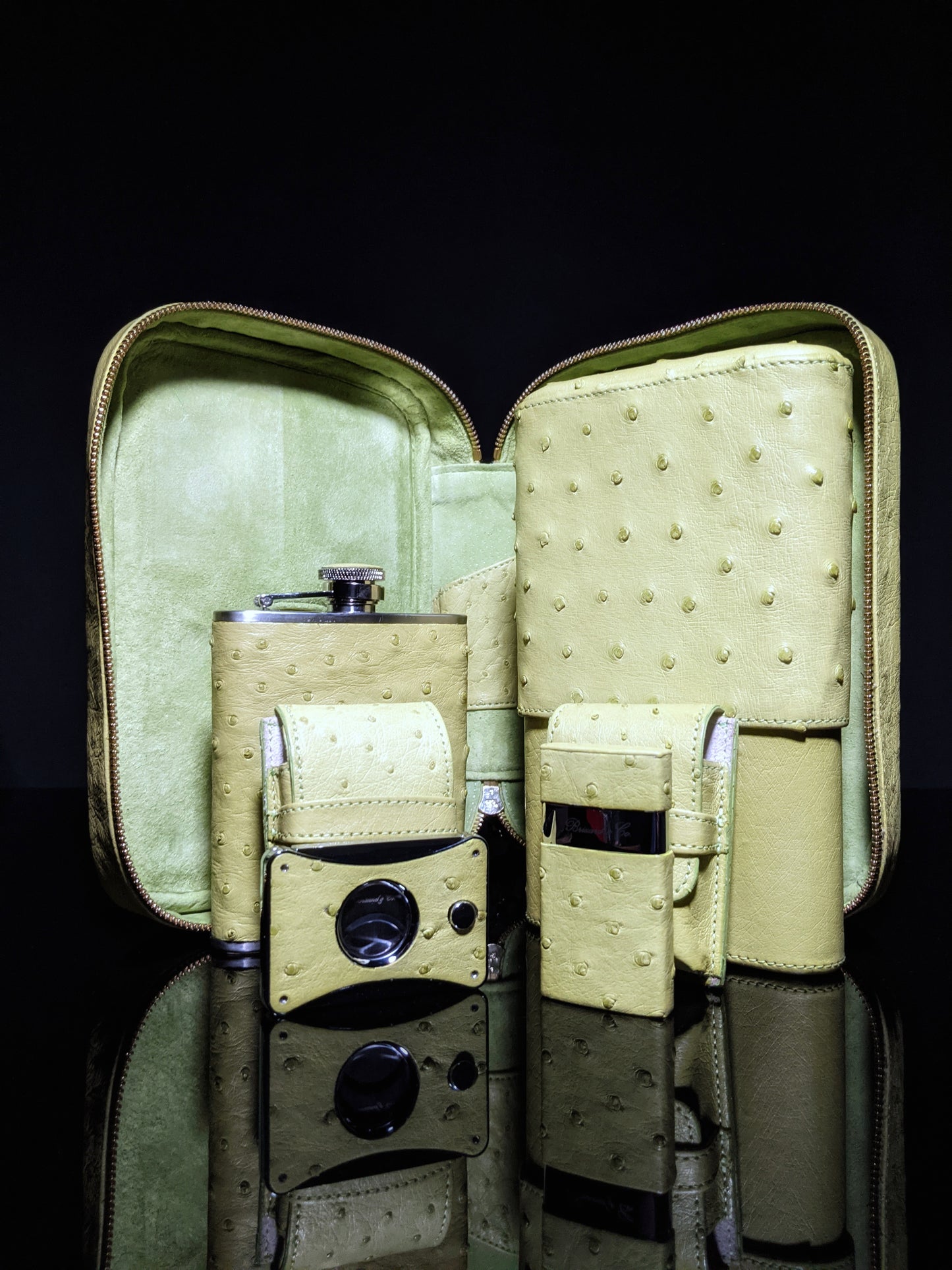 Brizard  Traveler in Genuine Ostrich Matcha Green with cutter and lighter