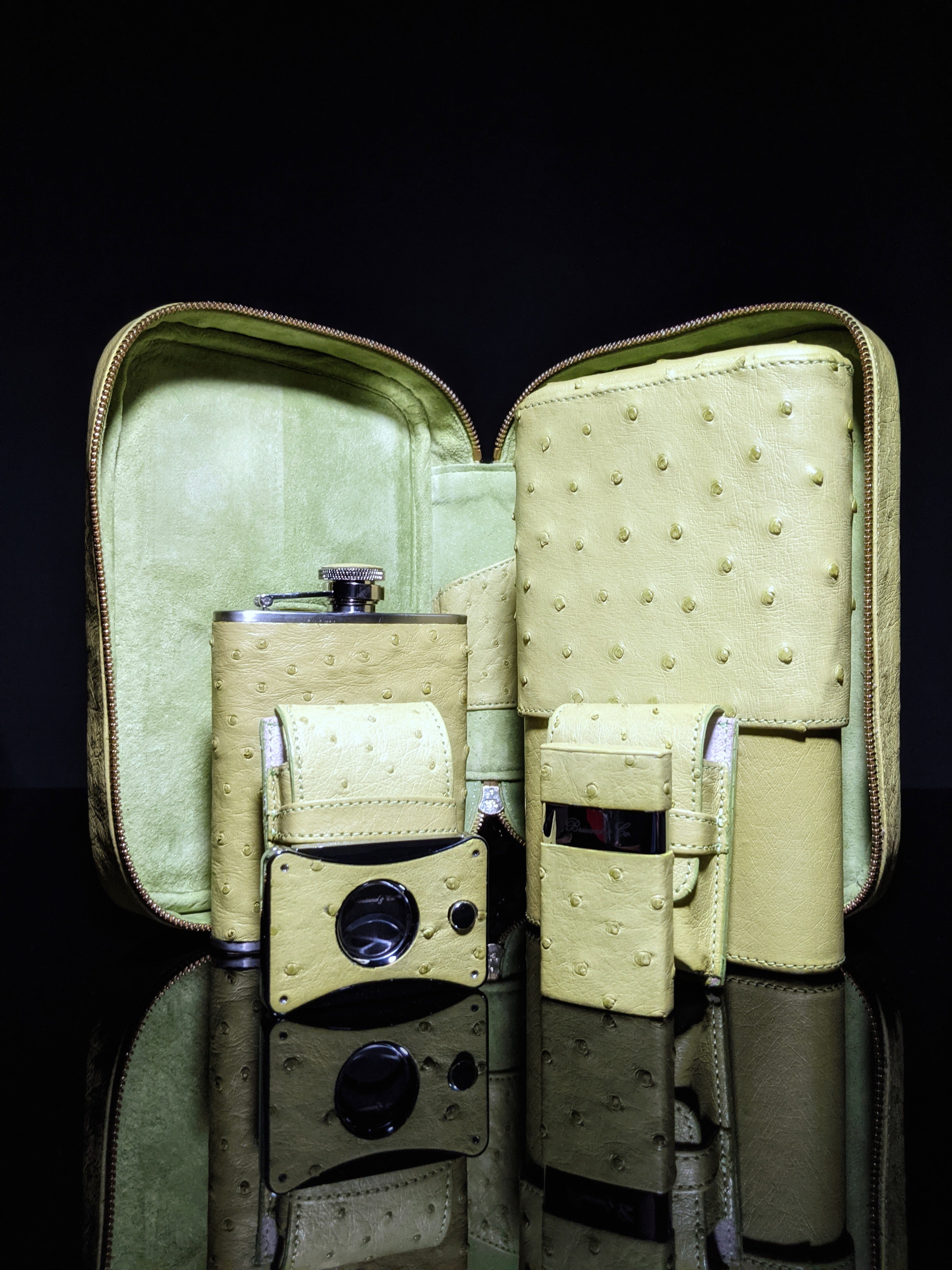 Brizard  Traveler in Genuine Ostrich Matcha Green with cutter and lighter