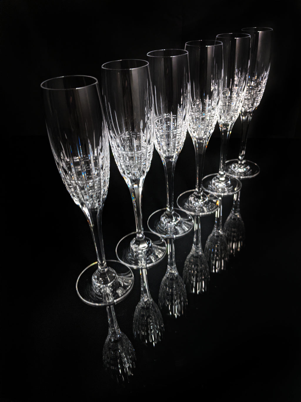 Faberge Crown Clear Cut Crystal Champagne Flutes Set of 6 NIB