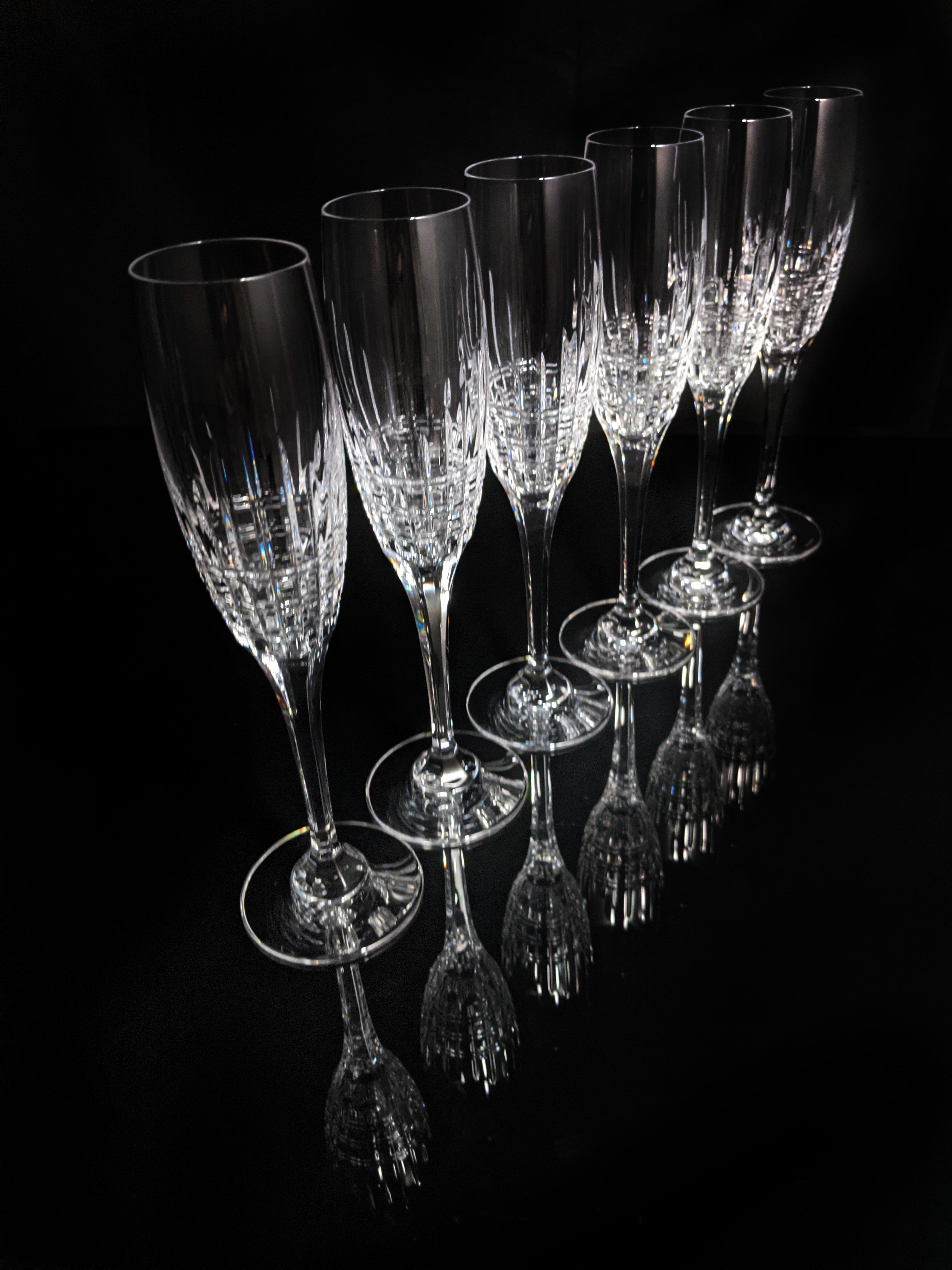Faberge Crown Clear Cut Crystal Champagne Flutes Set of 6 NIB