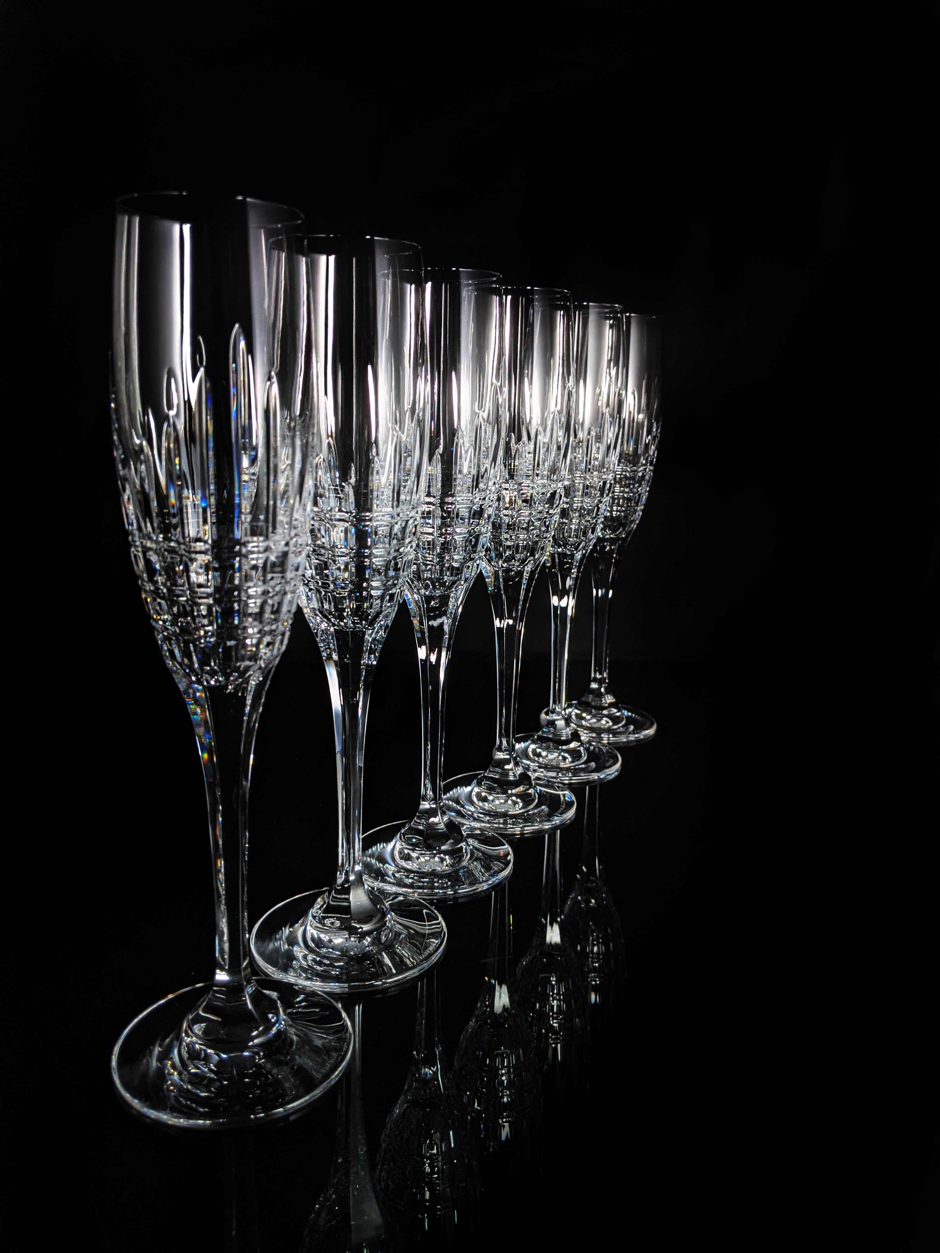 Faberge Crown Clear Cut Crystal Champagne Flutes Set of 6 NIB