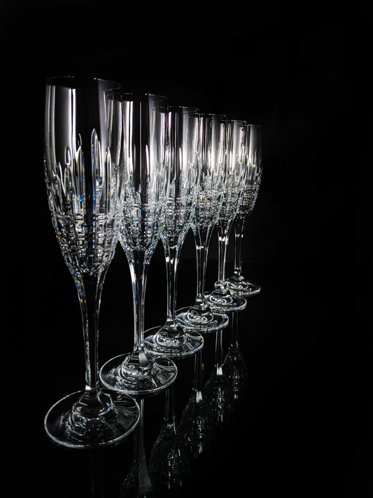 Faberge Crown Clear Cut Crystal Champagne Flutes Set of 6 NIB