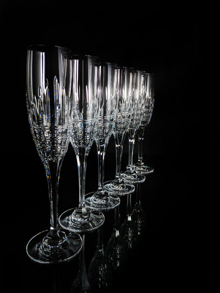 Faberge Crown Clear Cut Crystal Champagne Flutes Set of 6 NIB