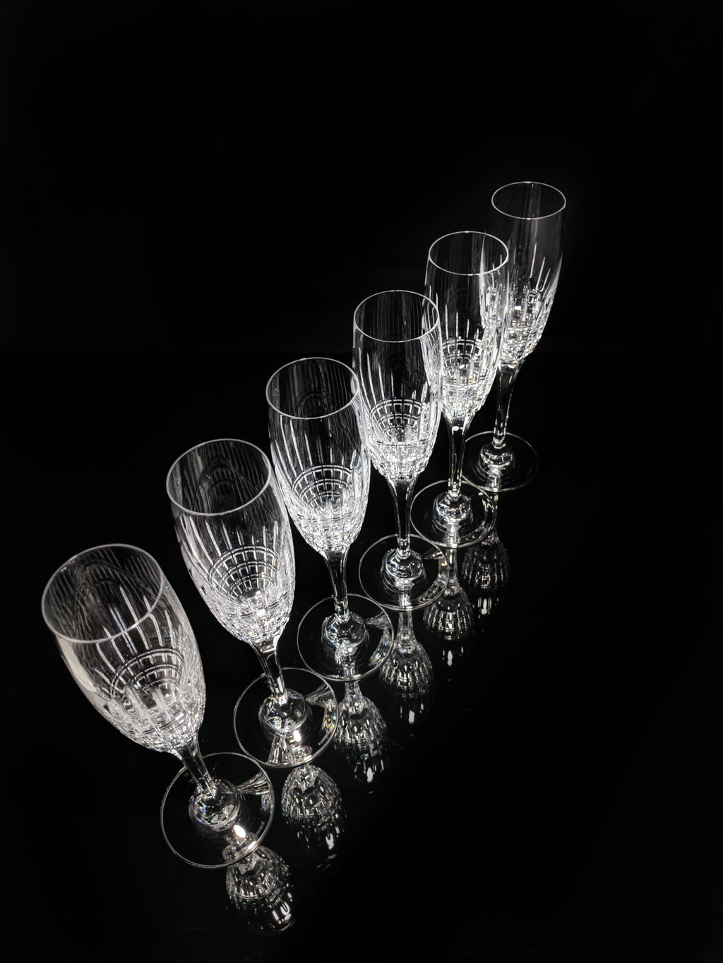 Faberge Crown Clear Cut Crystal Champagne Flutes Set of 6 NIB
