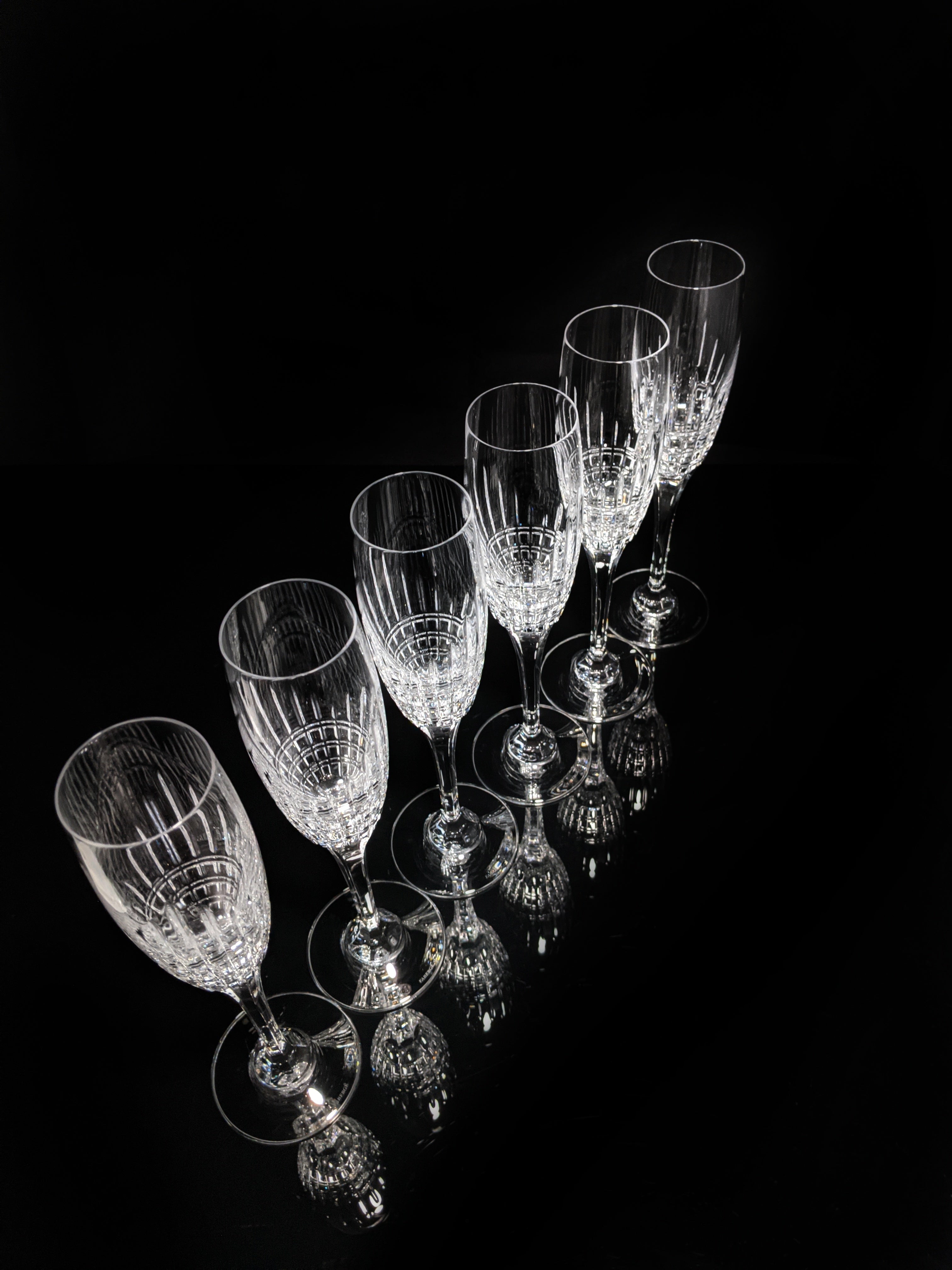 Faberge Crown Clear Cut Crystal Champagne Flutes Set of 6 NIB