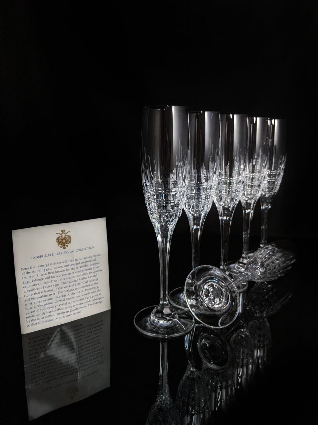 Faberge Crown Clear Cut Crystal Champagne Flutes Set of 6 NIB