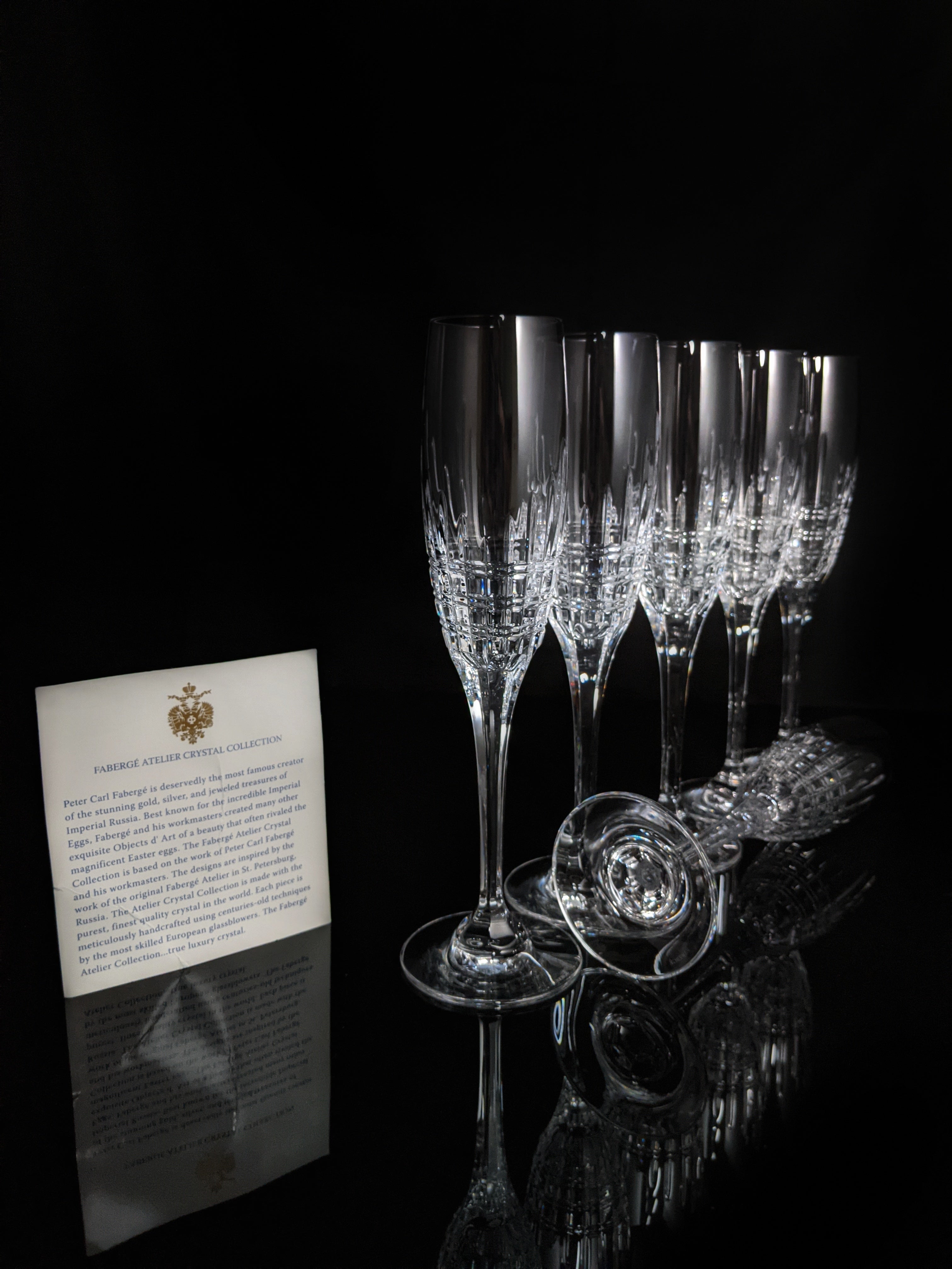 Faberge Crown Clear Cut Crystal Champagne Flutes Set of 6 NIB