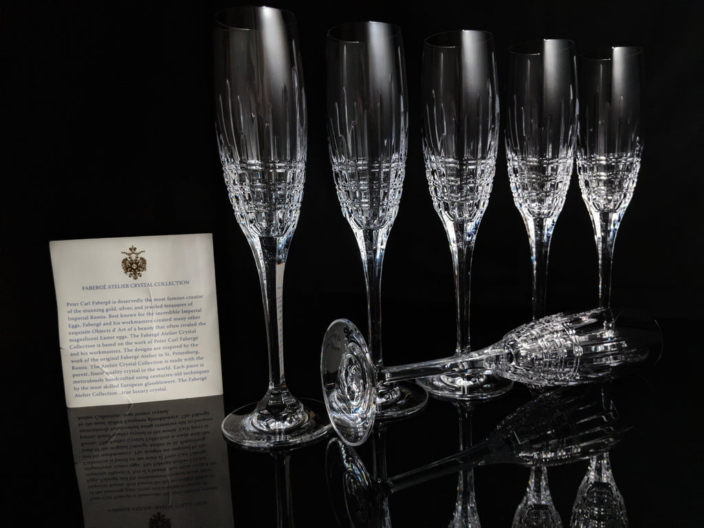 Faberge Crown Clear Cut Crystal Champagne Flutes Set of 6 NIB