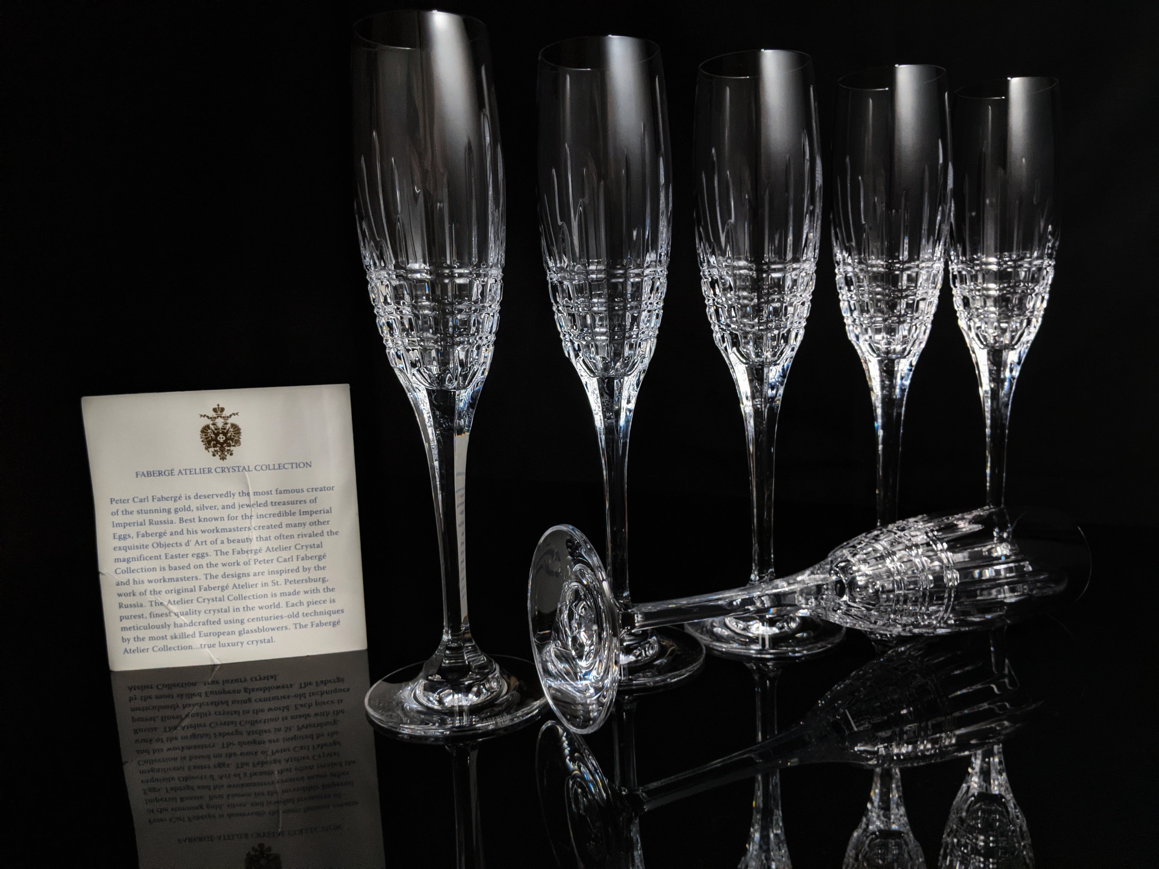 Faberge Crown Clear Cut Crystal Champagne Flutes Set of 6 NIB