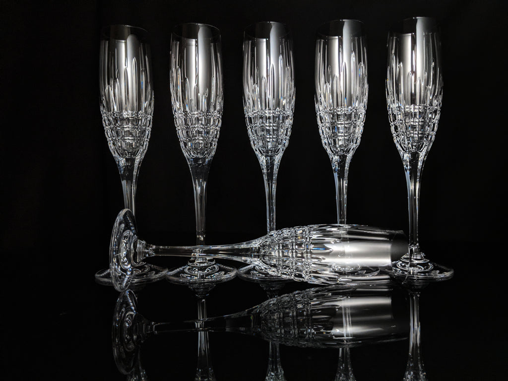 Faberge Crown Clear Cut Crystal Champagne Flutes Set of 6 NIB