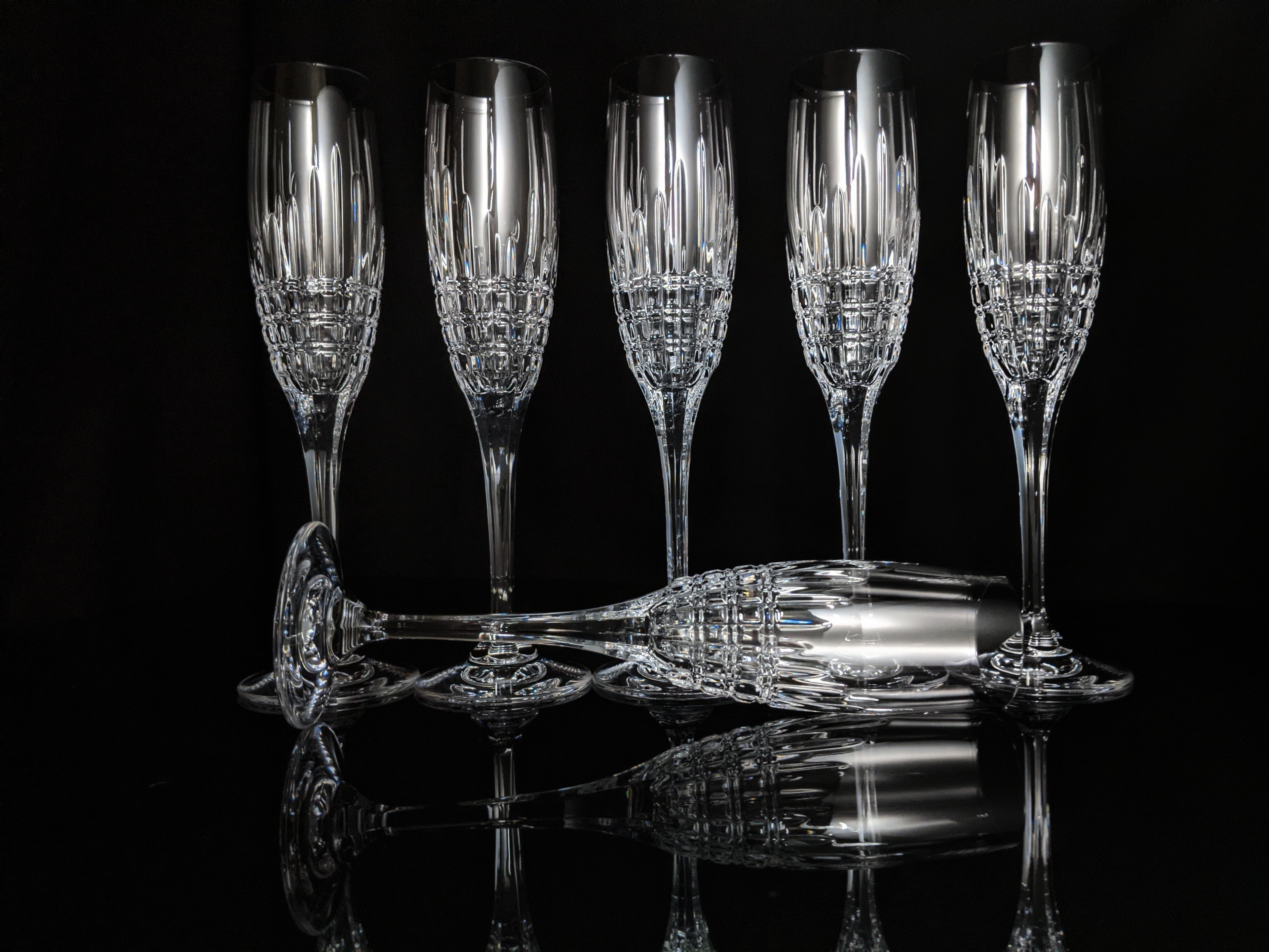 Faberge Crown Clear Cut Crystal Champagne Flutes Set of 6 NIB