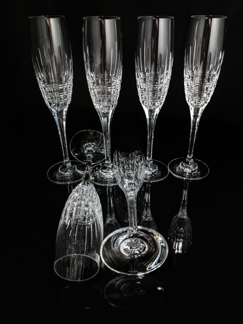 Faberge Crown Clear Cut Crystal Champagne Flutes Set of 6 NIB
