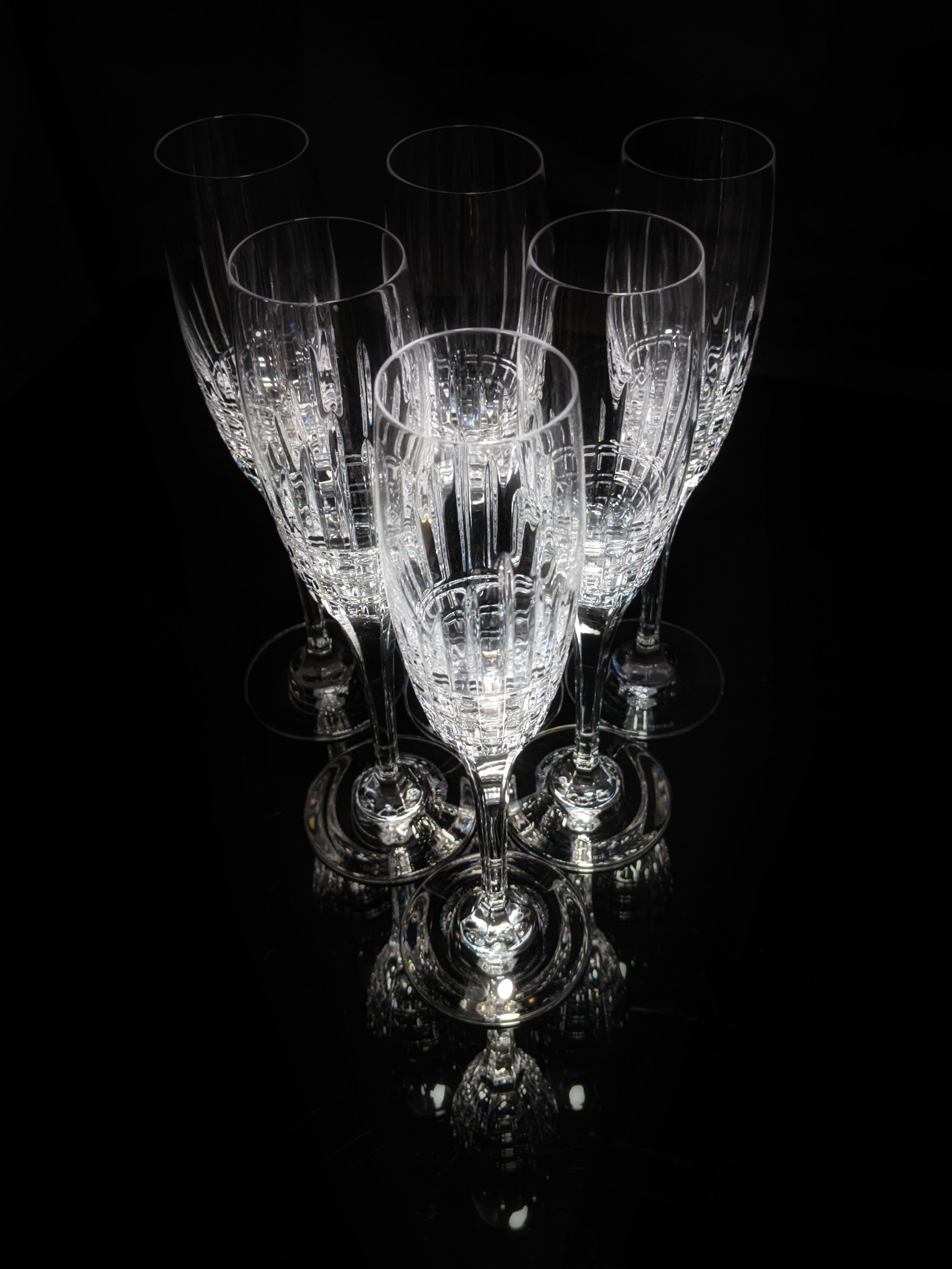 Faberge Crown Clear Cut Crystal Champagne Flutes Set of 6 NIB