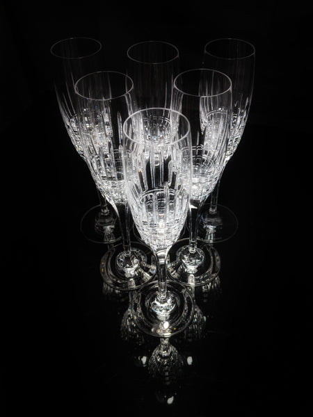 Faberge Crown Clear Cut Crystal Champagne Flutes Set of 6 NIB