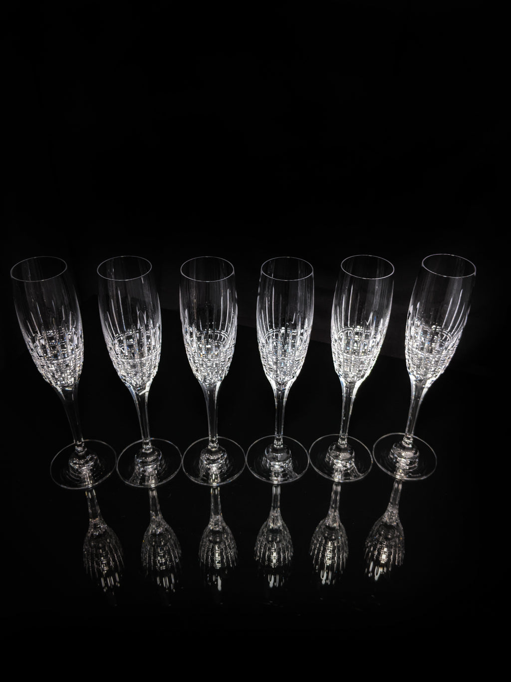 Faberge Crown Clear Cut Crystal Champagne Flutes Set of 6 NIB