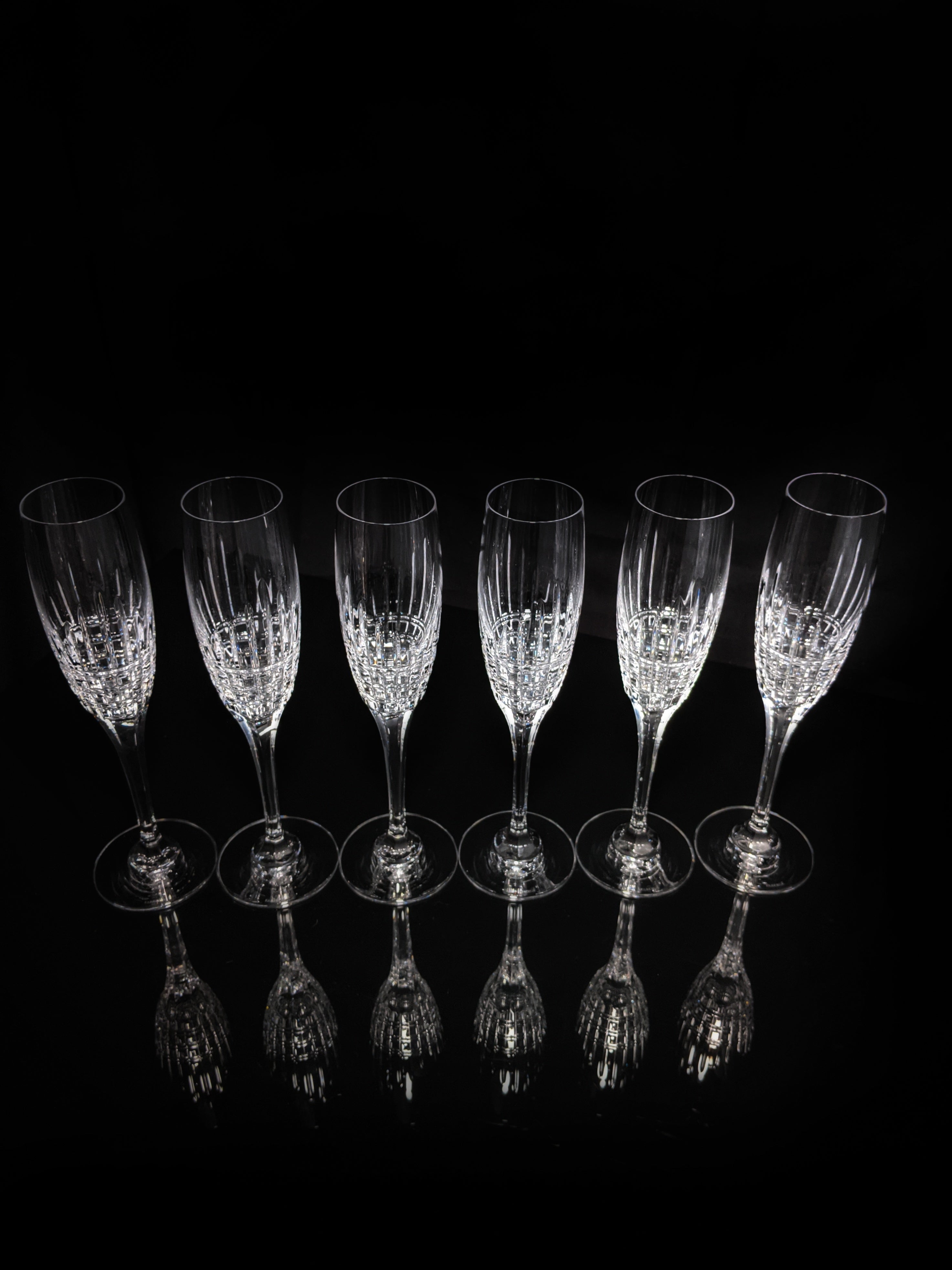 Faberge Crown Clear Cut Crystal Champagne Flutes Set of 6 NIB