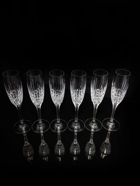 Faberge Crown Clear Cut Crystal Champagne Flutes Set of 6 NIB