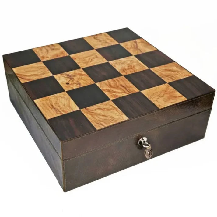 The "Checkers" Cigar Humidor - Ebony and Olive Wood with Leather, 90/100 Count
