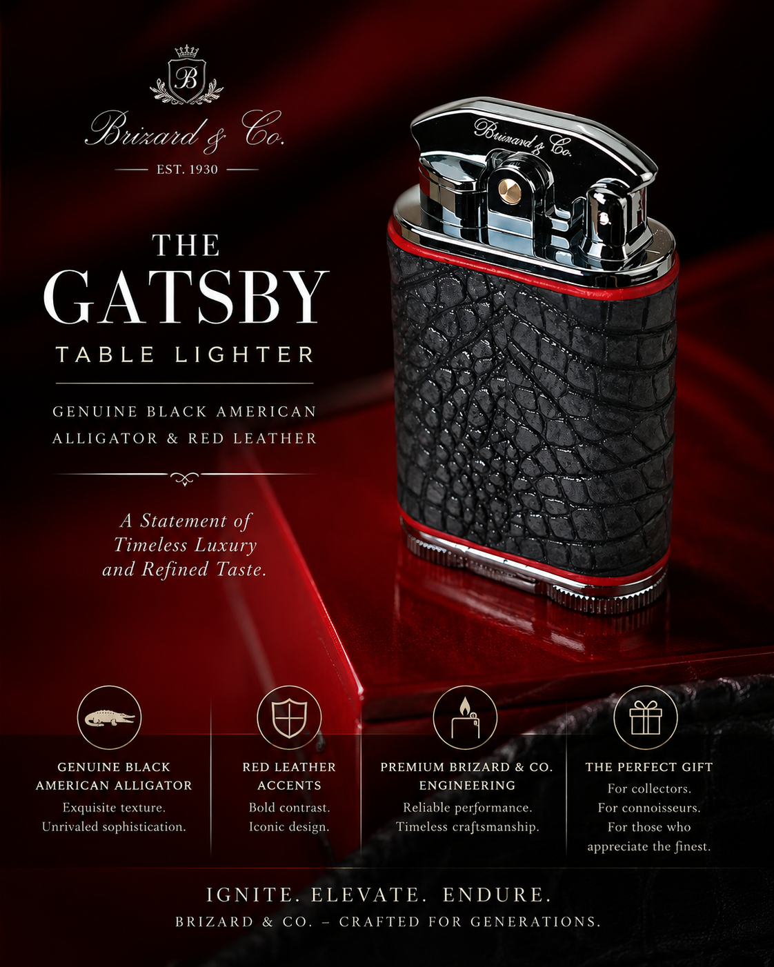 Brizard and Co. Gatsby Table Lighter — Black Genuine Alligator & Red Leather, New in Box