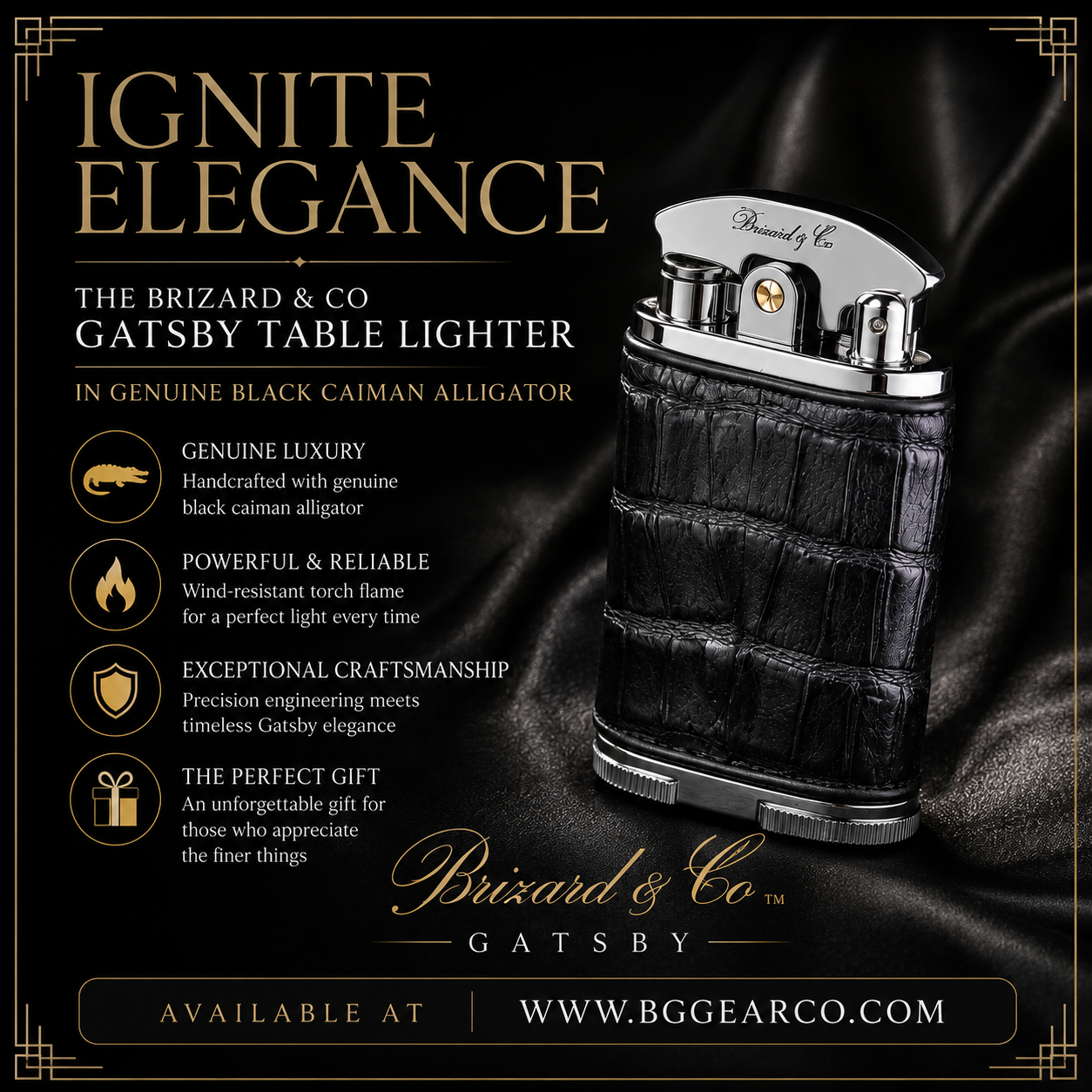 Brizard and Co. Gatsby Table Lighter — Black Caiman, New in Box