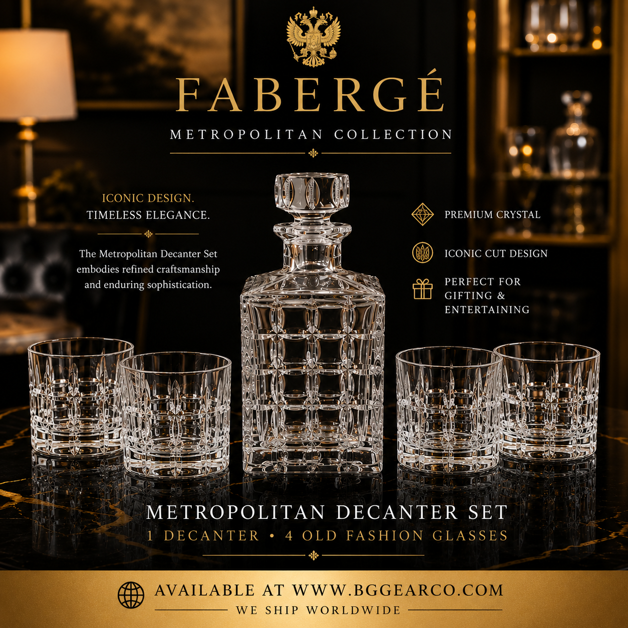 Faberge Metropolitan Decanter and Four Clear Whiskey Glasses