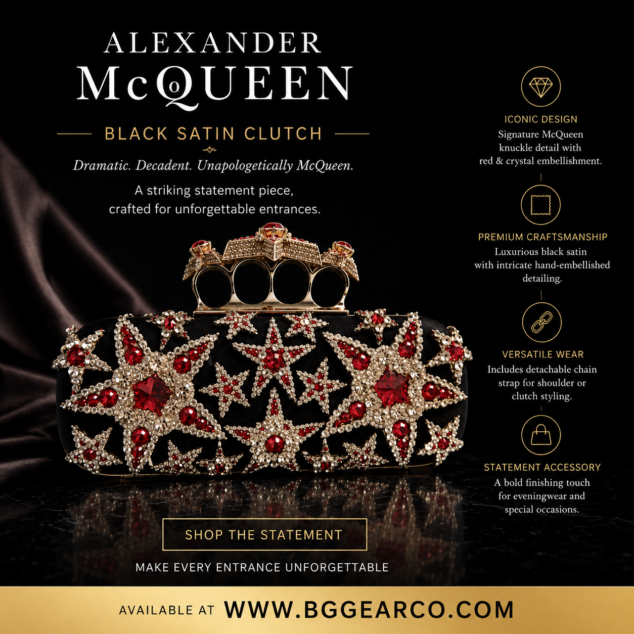 Alexander Mc Queen Black Satin Clutch with crystals