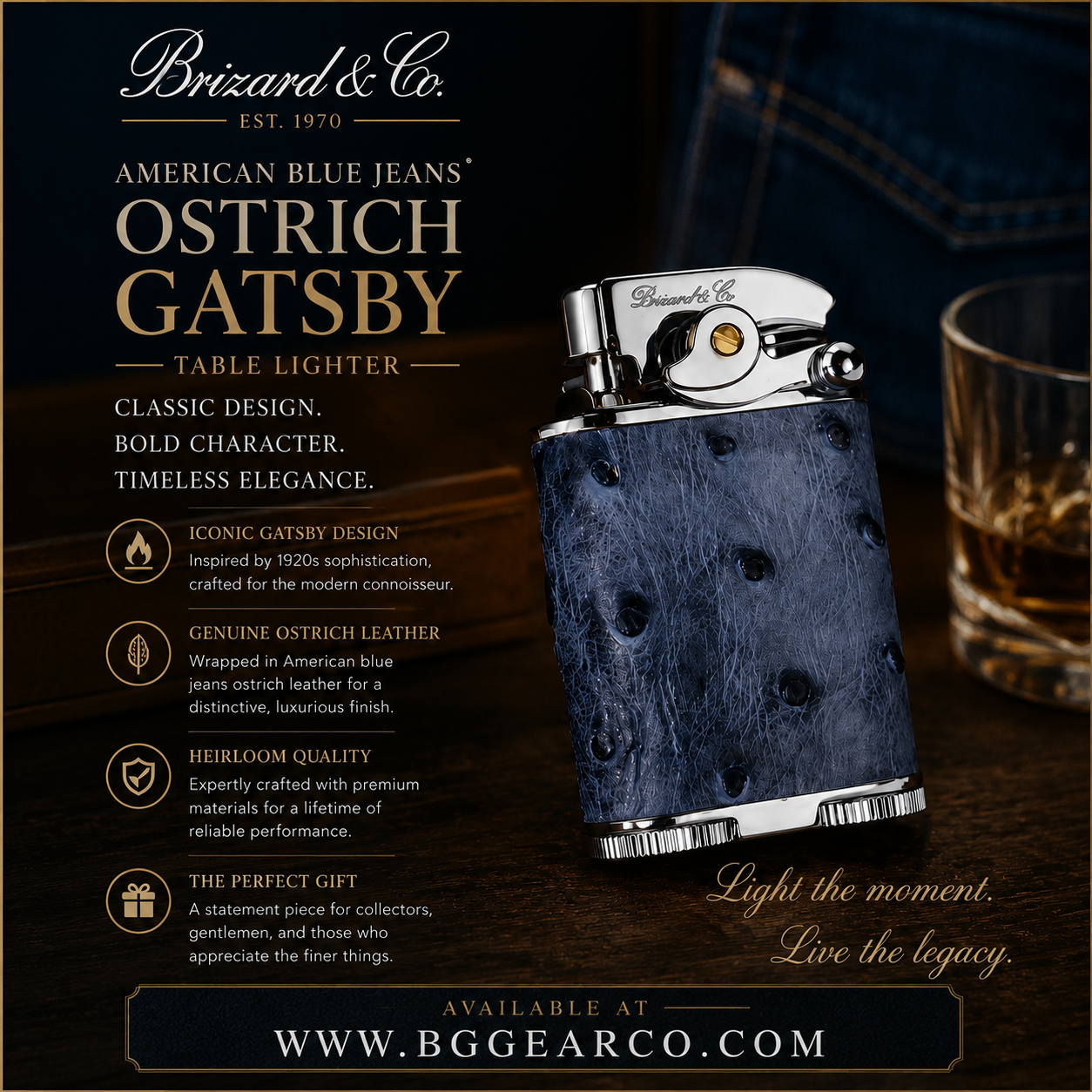 Brizard and Co. Gatsby Table Lighter — American Blue Jeans Ostrich