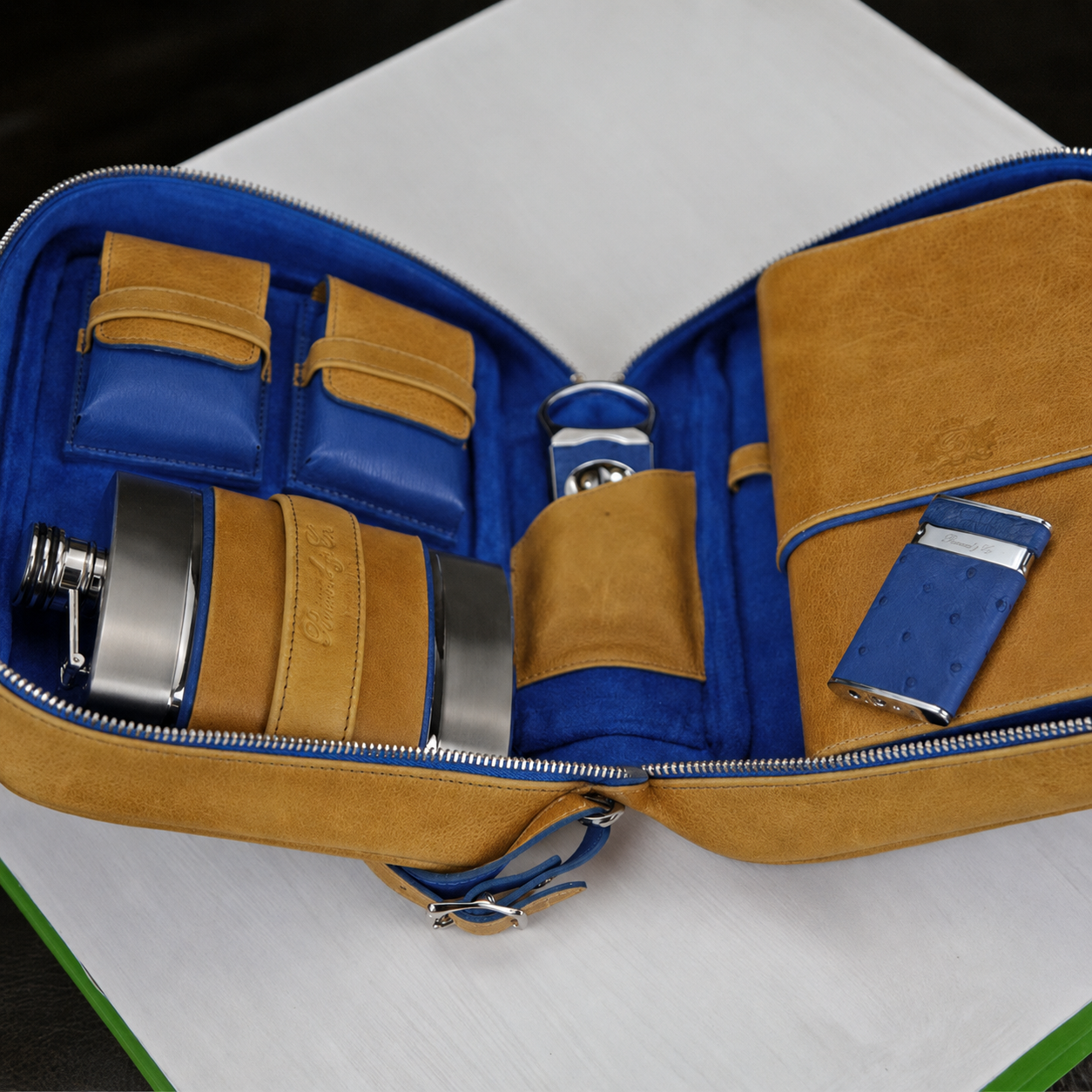 Brizard and Co Blue Ostrich and Camel Leather Havana Traveler Combo