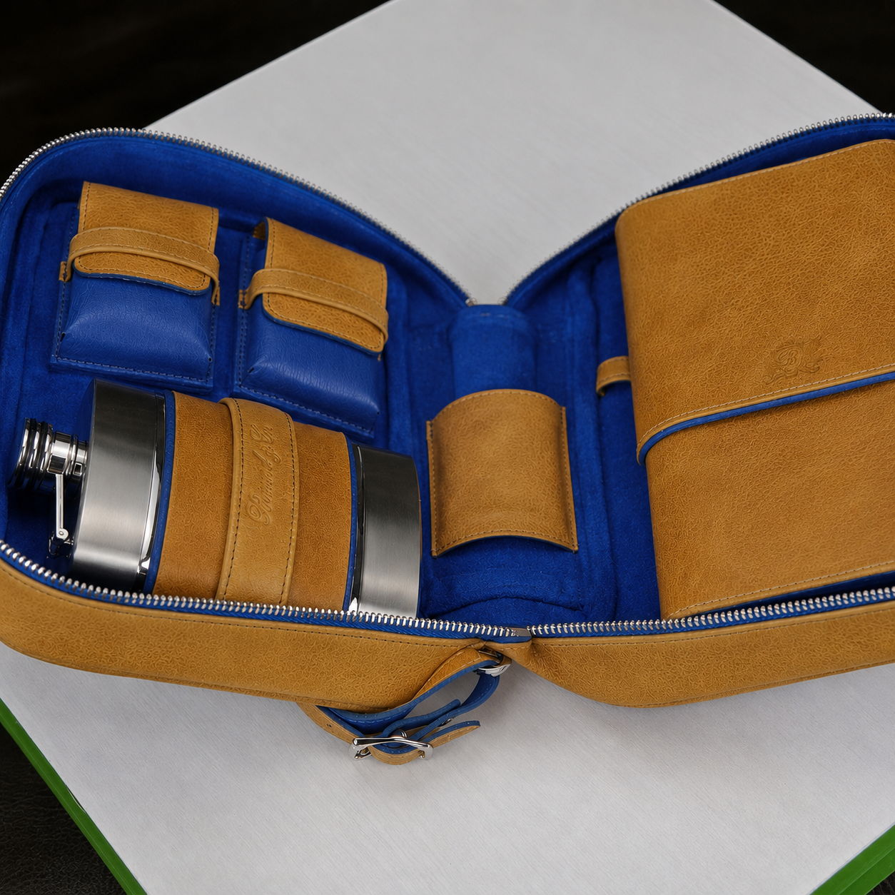 Brizard and Co Blue Ostrich and Camel Leather Havana Traveler Combo