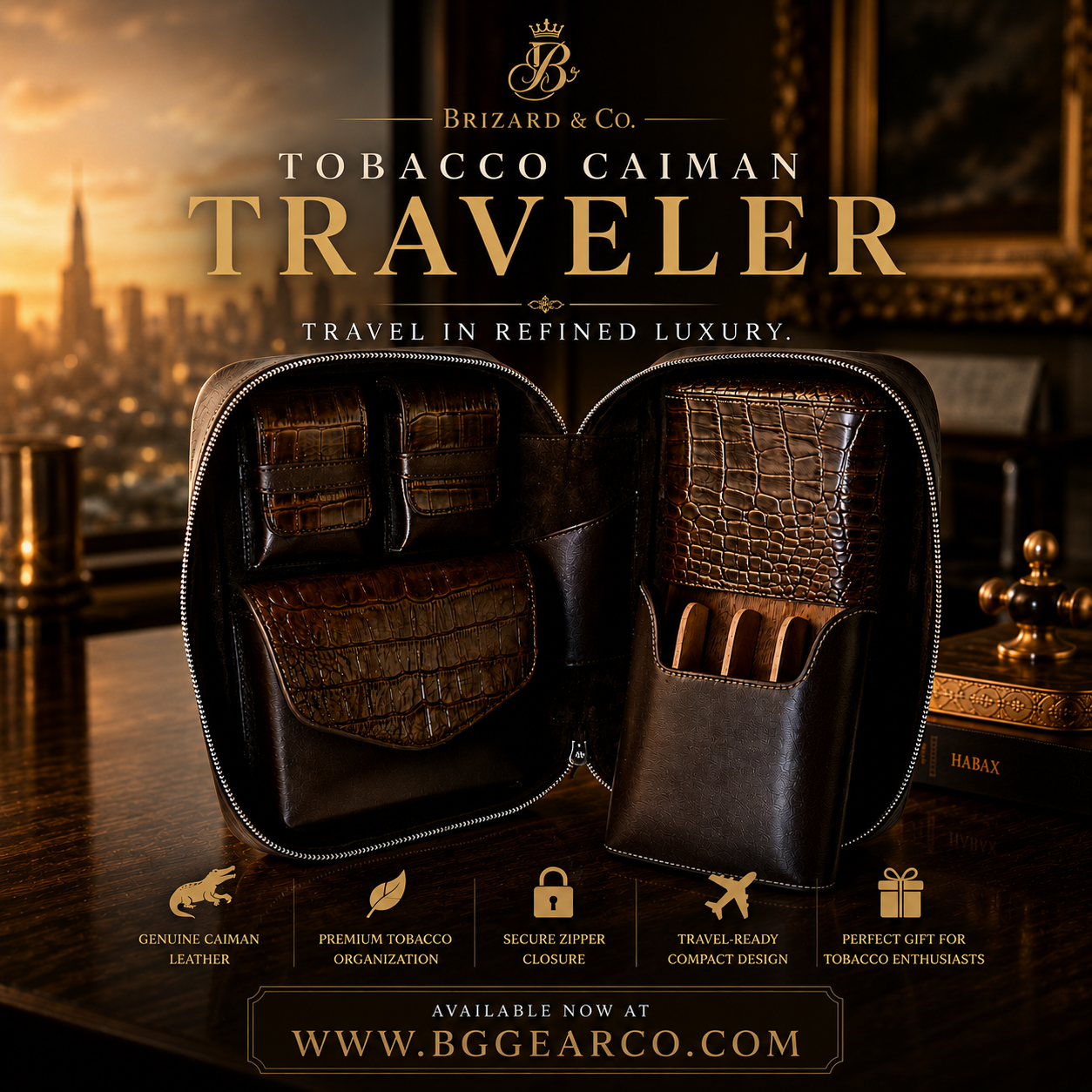 Brizard and Co Tobacco Caiman Pattern Leather Traveler