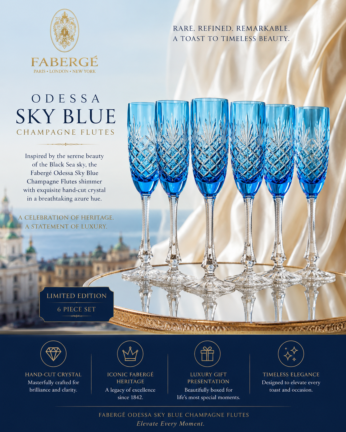 Faberge Odessa Sky Blue Champagne Flutes Set of 6