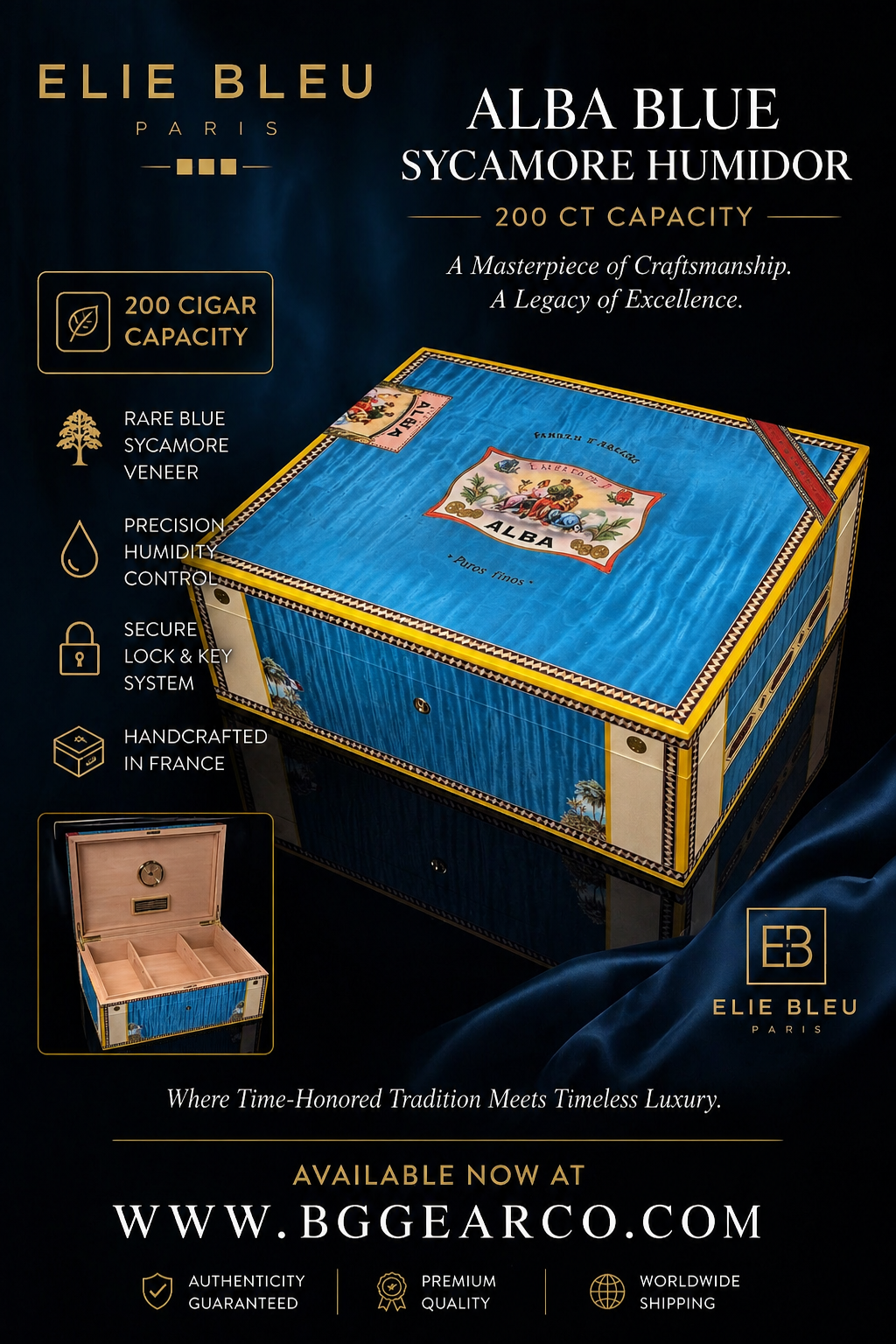 Elie Bleu Alba Blue Sycamore Humidor 200 ct.
