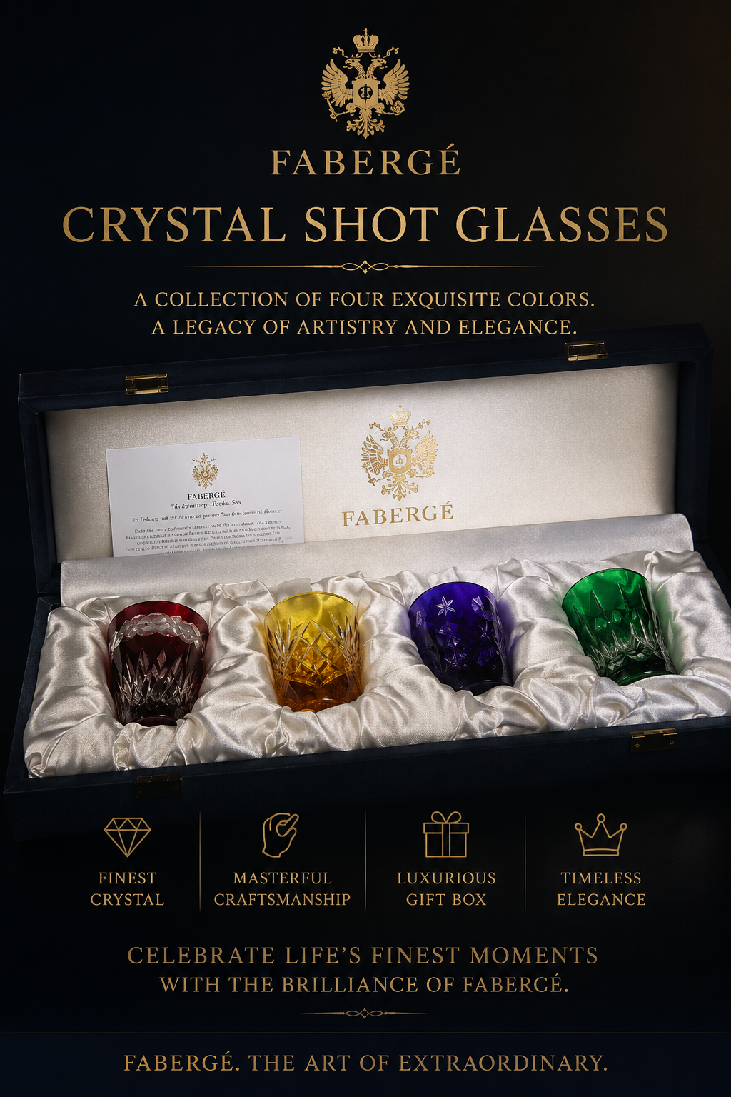 Faberge Crystal Colored Shot Glasses NIB