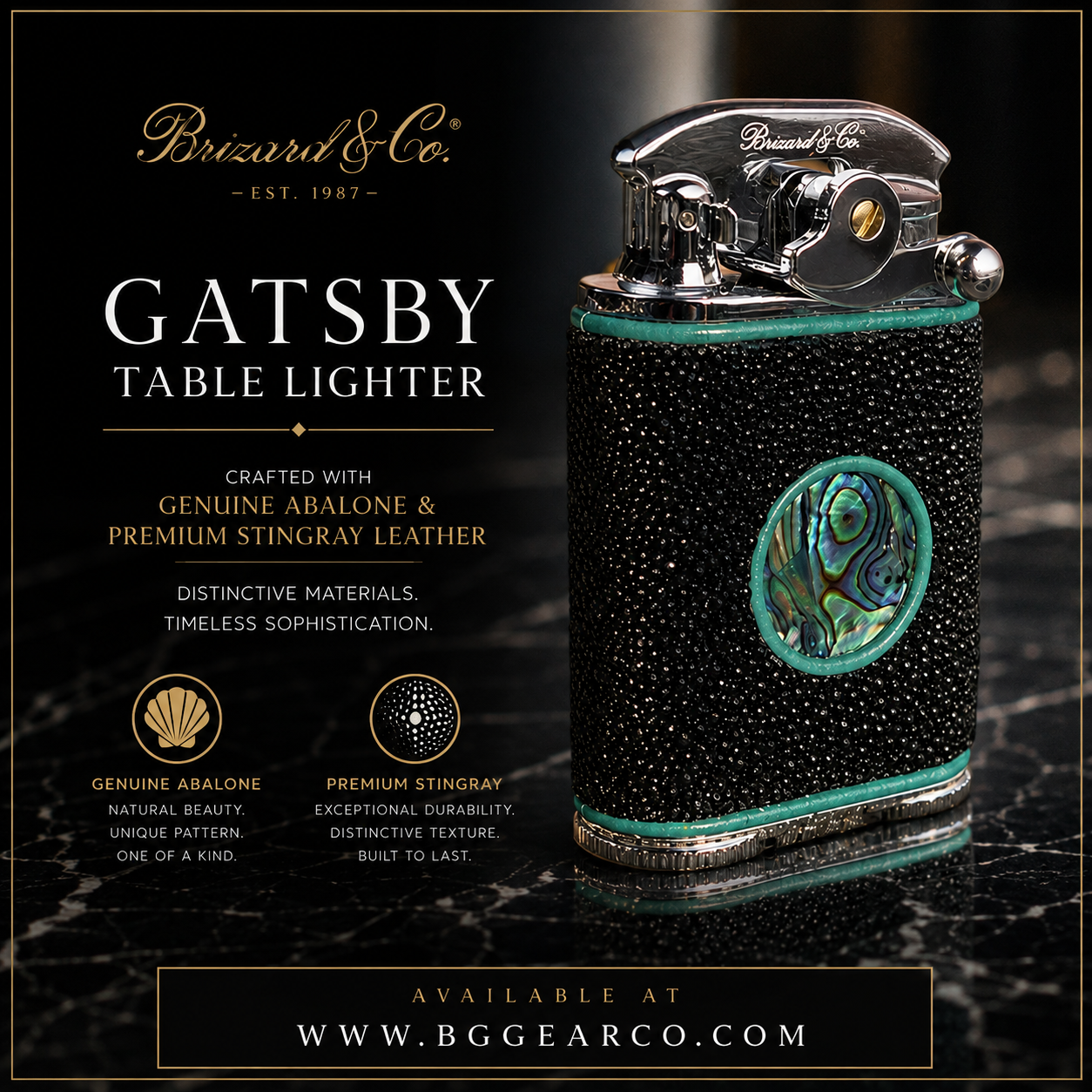 Brizard and Co Gatsby Abalone and  Stingray Leather Table Lighter NIB
