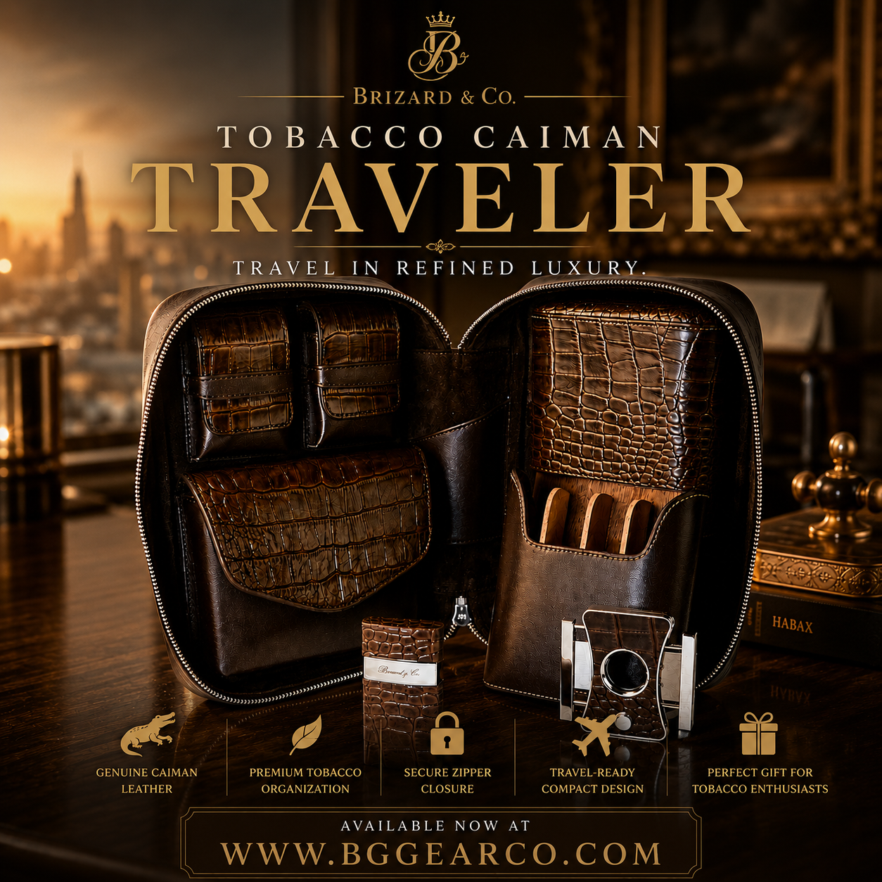 Brizard and Co Tobacco Caiman  Pattern Leather Traveler Combo