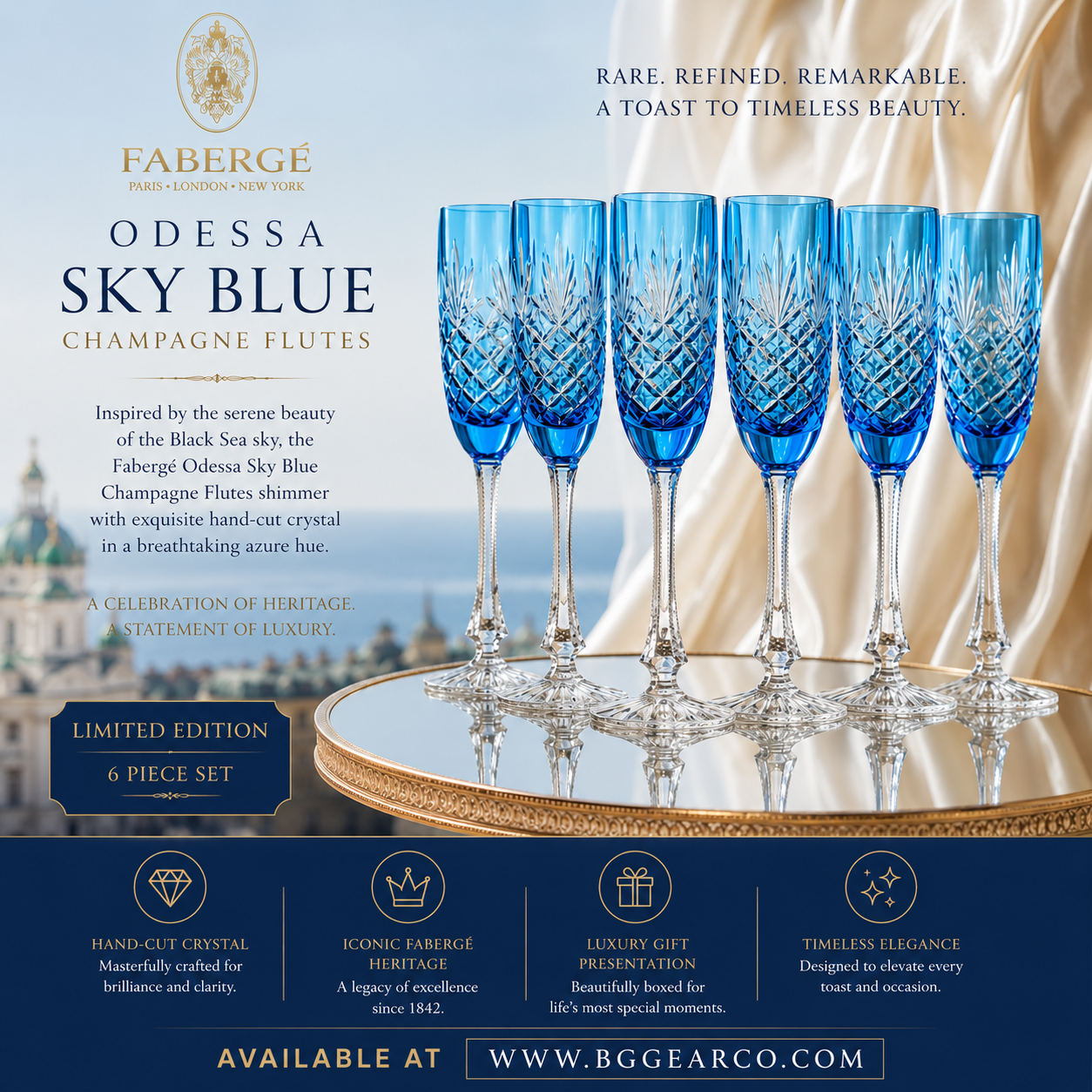 Faberge Odessa Sky Blue Champagne Flutes Set of 6