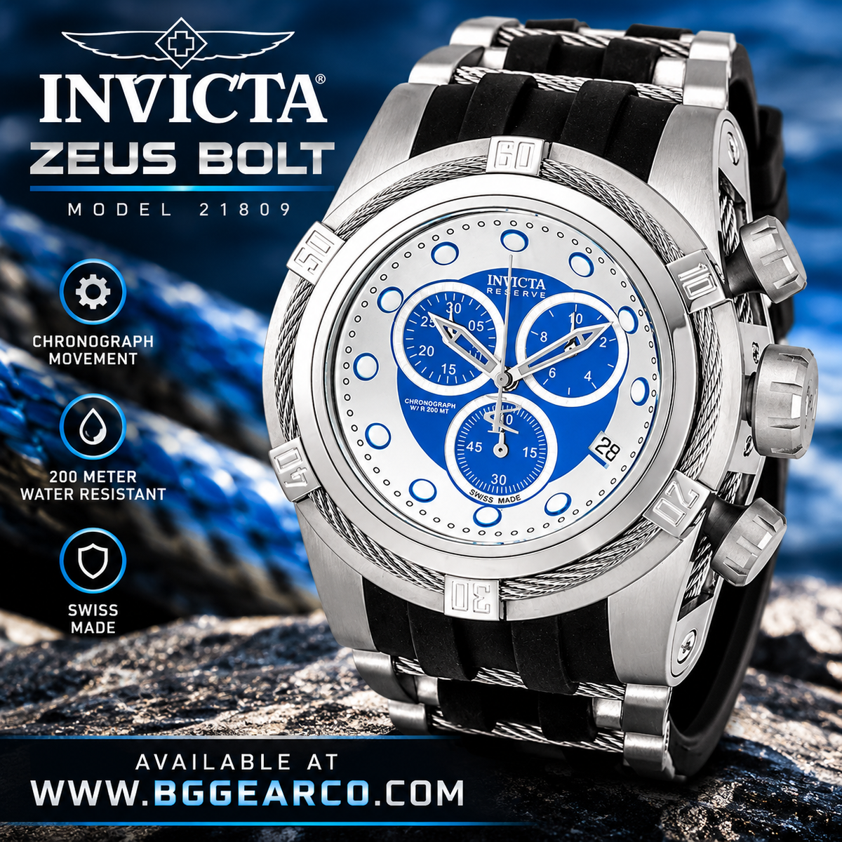 Invicta Bolt Zeus Quartz Watch, Stainless Steel Case, Blue/Silver Dial Model 21809
