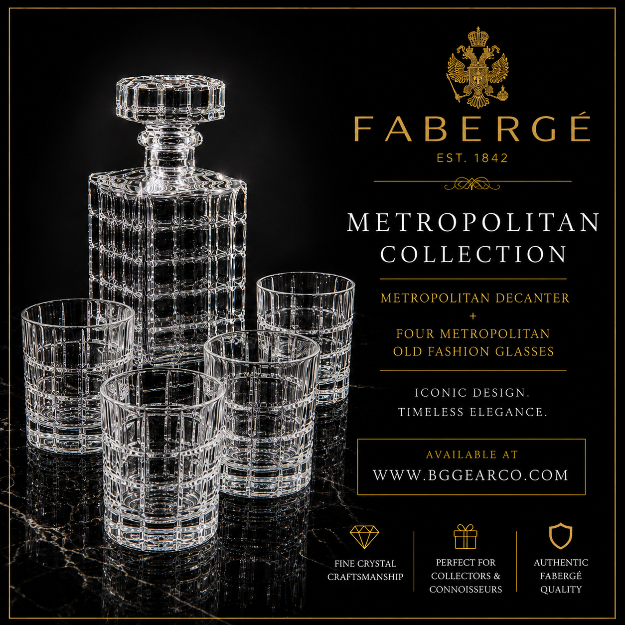 Faberge Metropolitan Decanter and Four Clear Whiskey Glasses